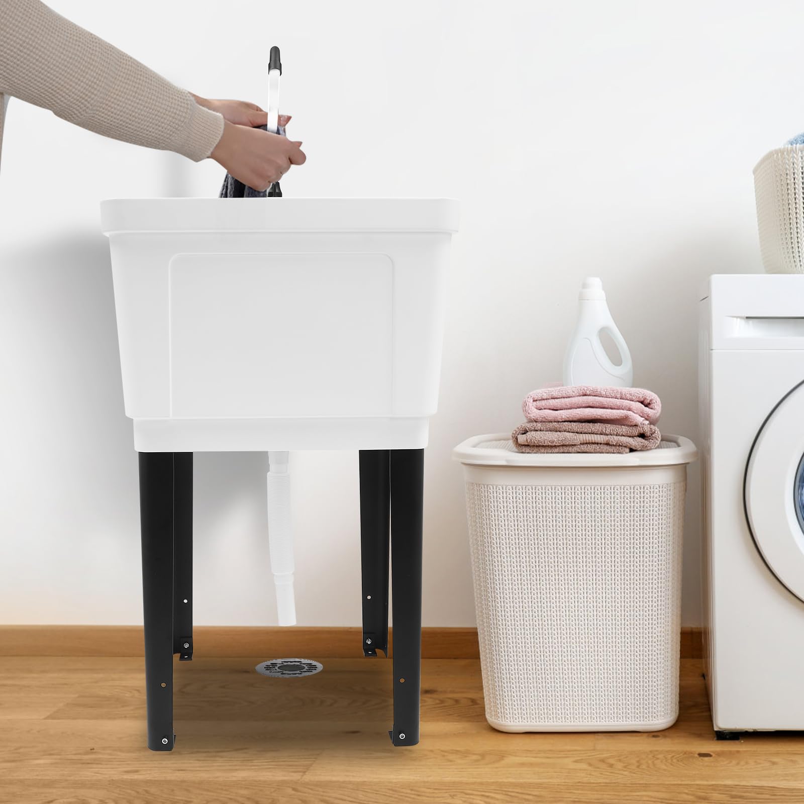 Extra-Deep Freestanding Plastic Utility Sink - Heavy Duty Laundry Tub for Basement, Garage, Workshop & Laundry Room | Durable White Utility Sink for Washing Clothes, Cleaning Tools & Household Chores