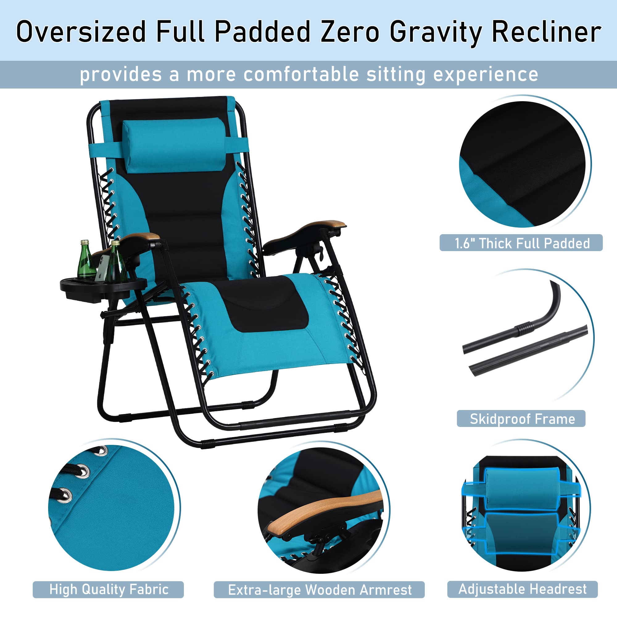 PHI VILLA Outdoor Adjustable Zero Gravity Lounge Chair with Side Table & Pillow - Portable Folding Recliner for Patio, Poolside, Beach & Backyard Relaxation - Aqua Blue