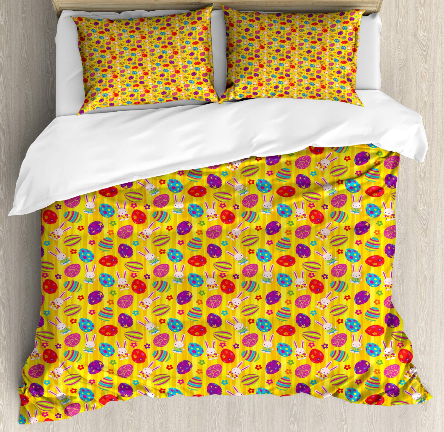 Ambesonne Easter Duvet Cover Set - Vibrant Floral & Bunny Print Queen Size Bedding (2 Duvet Covers + 4 Pillowcases) | Spring Home Decor for Guest Rooms & Holiday Styling