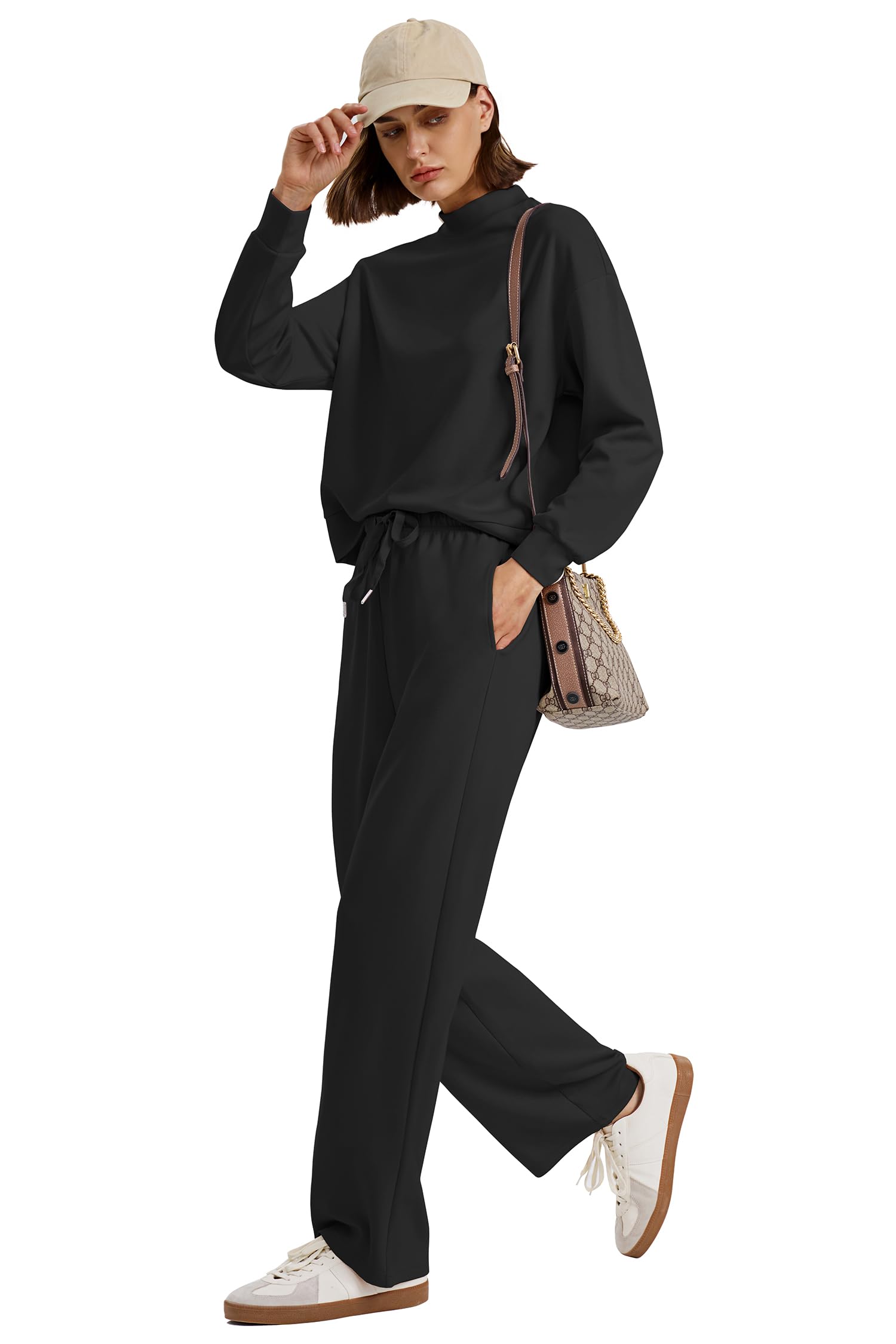 WIHOLL Women's Two Piece Lounge Set - Mock Neck Top & Wide Leg Pants for Fall | Comfortable Travel Outfit for Airport, Vacation & Casual Wear