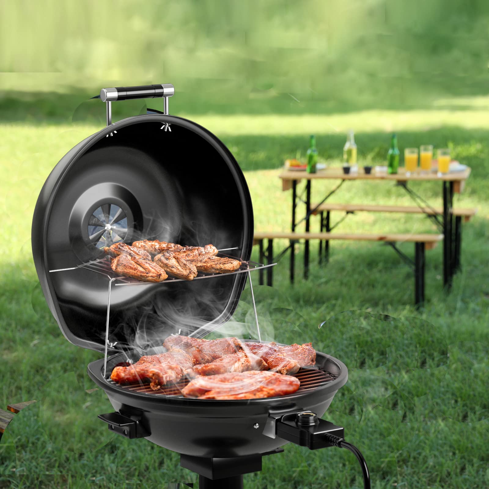 Giantex 1600W Electric BBQ Grill with Removable Non-Stick Grill Rack, Warming Rack & Oil Drip Tray - Adjustable Temperature Portable Outdoor Grill for Camping, Picnics, Tailgating, Backyard & Patio Parties - Black