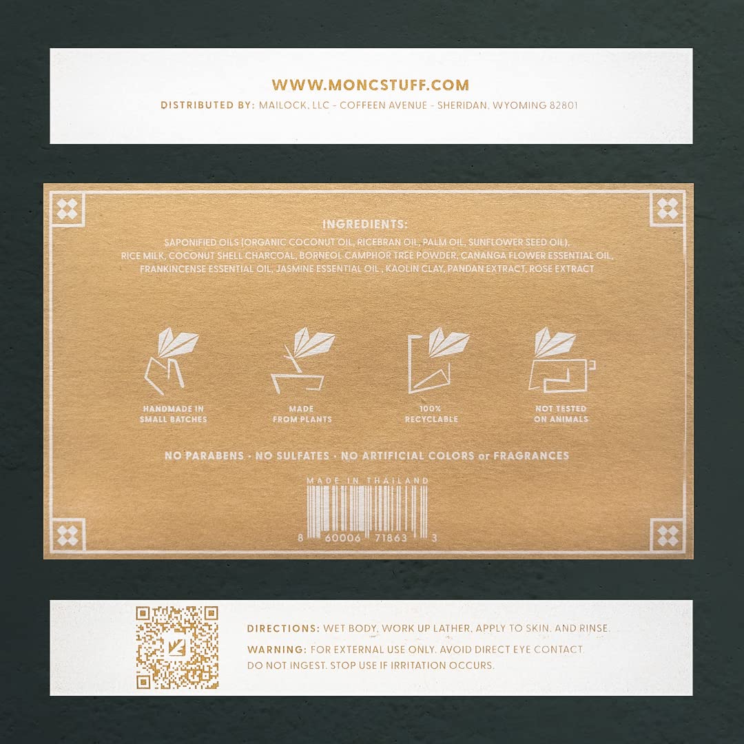 Organic Coconut Oil & Rice Milk Natural Bar Soap with Thai Herbs & Coconut Charcoal - Handmade Cold Process Soap for Face and Body - Moisturizing & Detoxifying for Men & Women - 2 Pack (Perfect for Travel, Gym & Daily Skincare Routine)