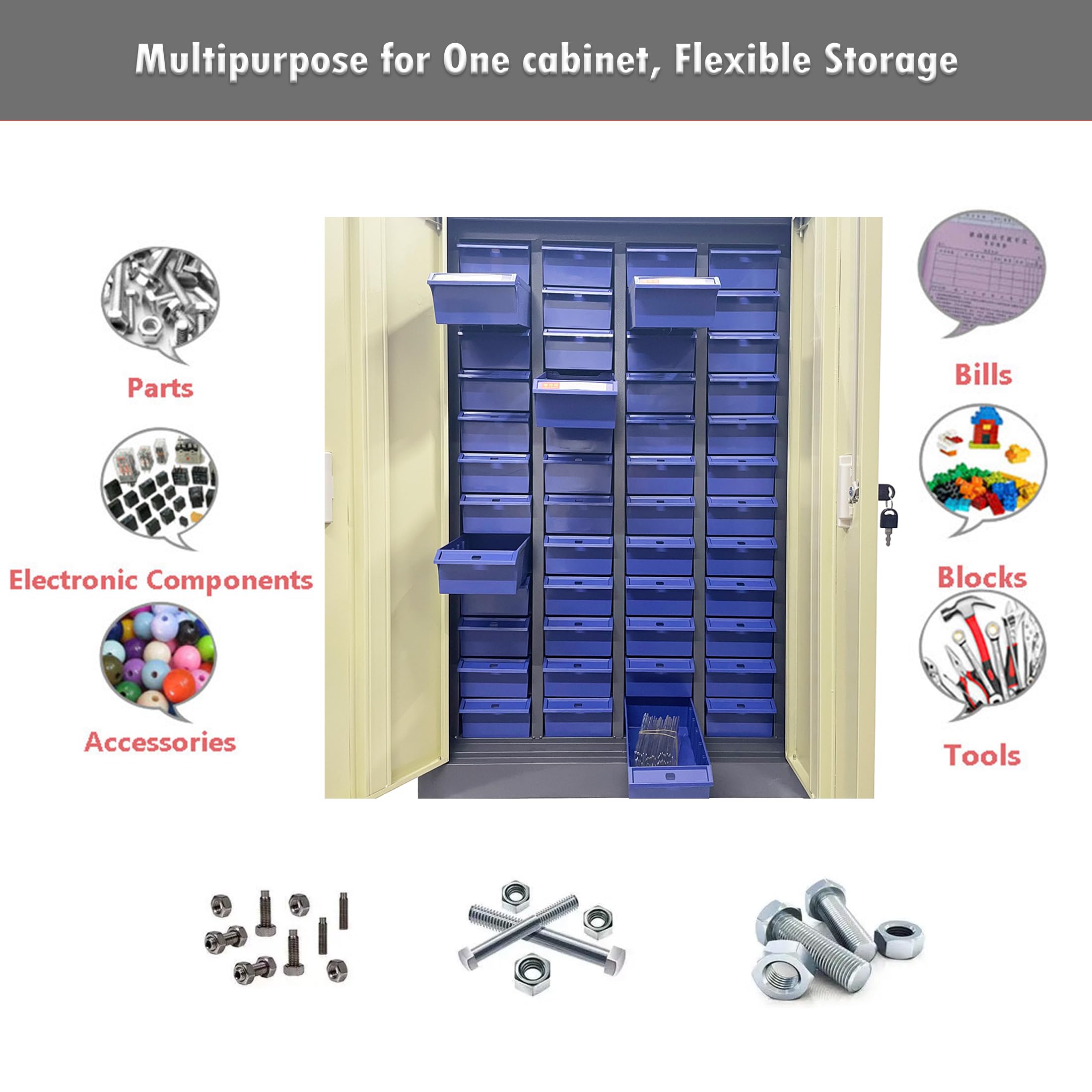 INTSUPERMAI 48-Drawer Parts Storage Cabinet with Door - Organizer for Screws, Nails, Beads, Nuts & Small Hardware - Blue Tool Cabinet for Workshop, Garage & Craft Room Organization