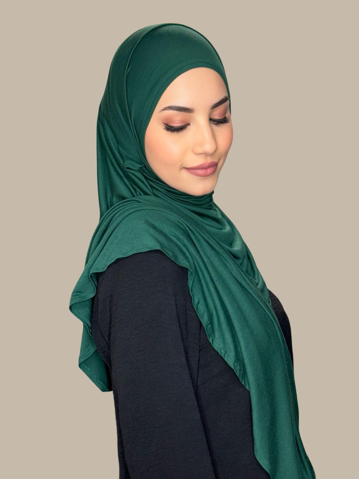 Pre-Sewn Jersey Hijab in Forest Green - Soft & Comfortable Muslim Headscarf for Everyday Wear & Prayer