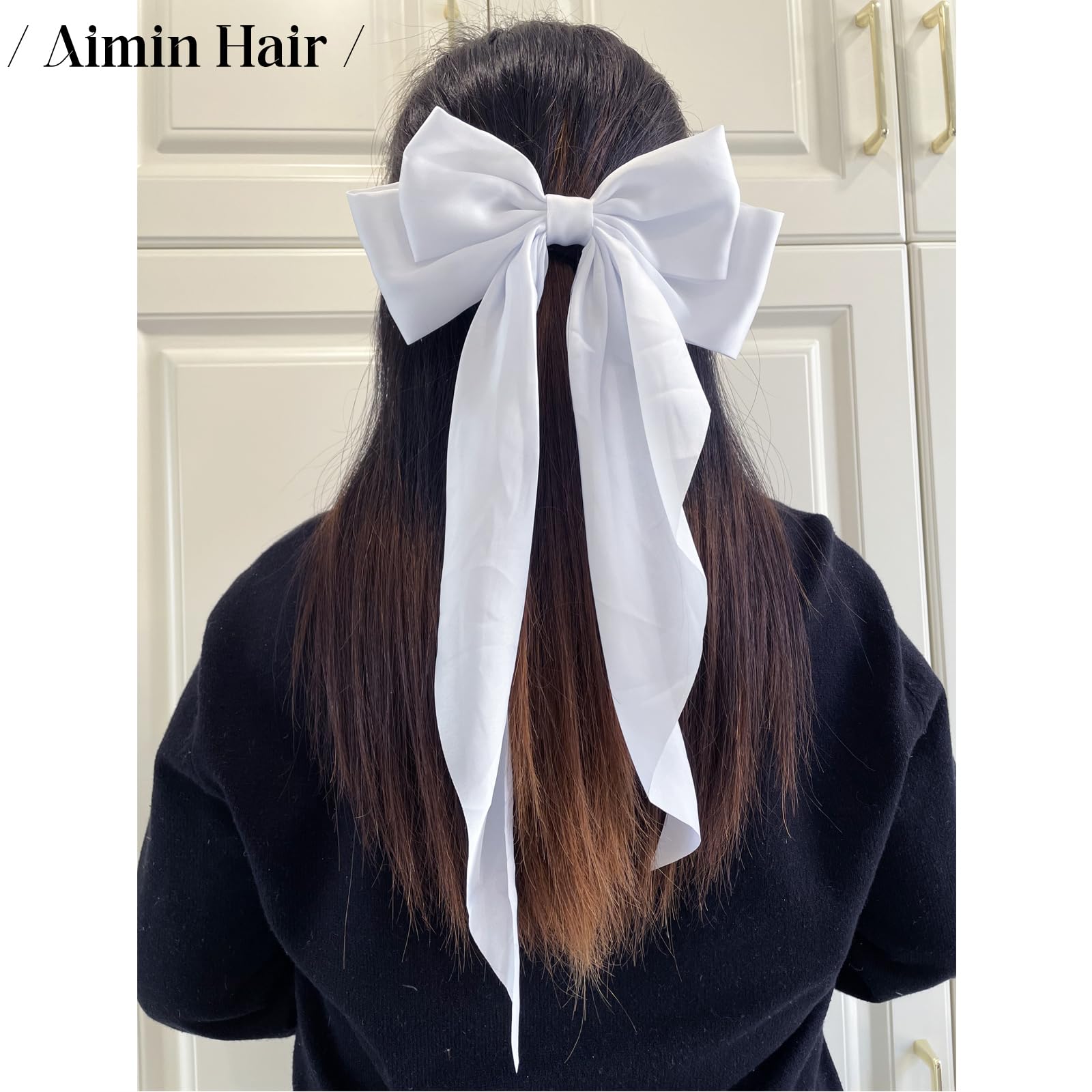 4PCS Silky Satin Hair Bows - Oversized Ponytail Ribbon Clips with Long Tail & Metal Slides - Hair Accessories Gift Set for Women, Girls & Kids (Black, White, Pink, Beige) - Perfect for Parties, Weddings, School & Daily Fashion