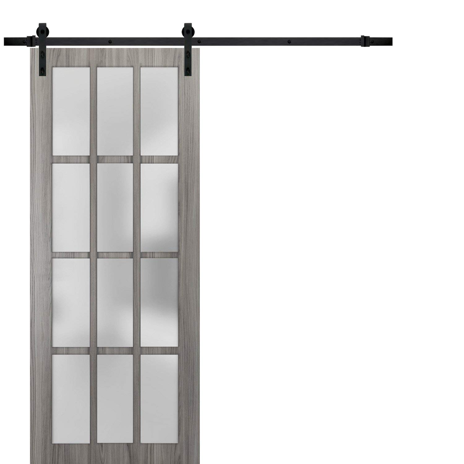 Felicia 3312 Frosted Glass Barn Door - 18x80 Inches, 12 Lites, Ginger Ash Gray Finish | Top Mount 6.6FT Rail with Heavy Duty Hangers | Solid Panel Interior Sliding Door for Bedroom, Closet, or Office Partition