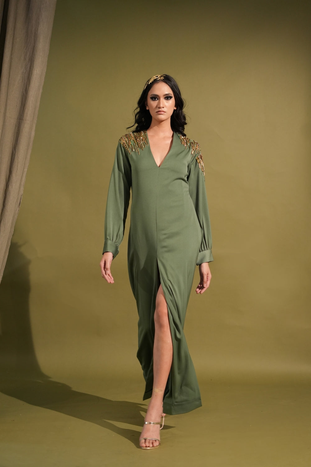 Elegant Dark Jade Green Slit Dress with Metallic Gold Embellishments - Perfect for Evening Parties, Cocktail Events & Special Occasions