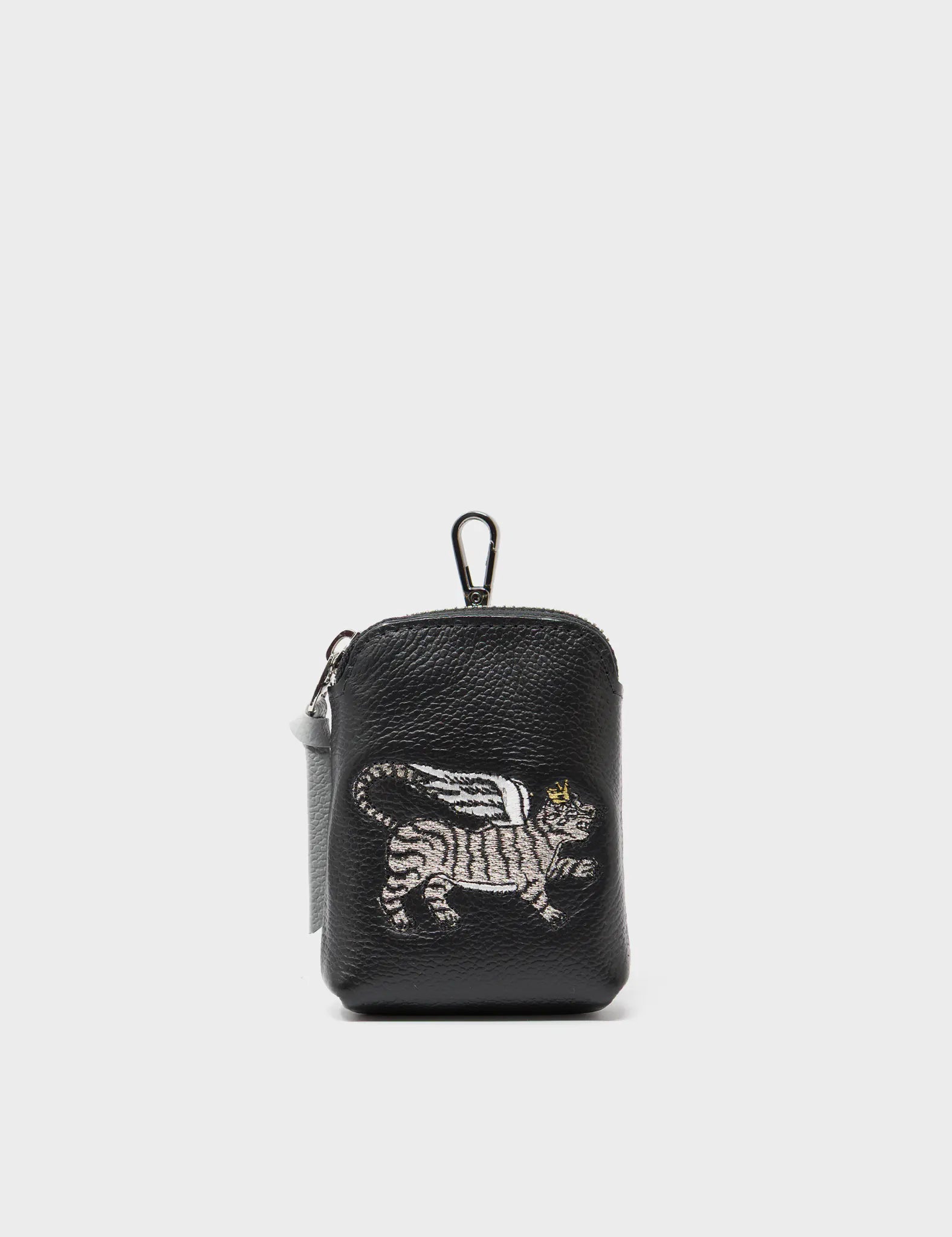 Florence Pouch Charm - Black Leather Keychain with Winged Tiger Embroidery | Stylish Bag Accessory for Women, Perfect for Keys, Wallets & Everyday Carry