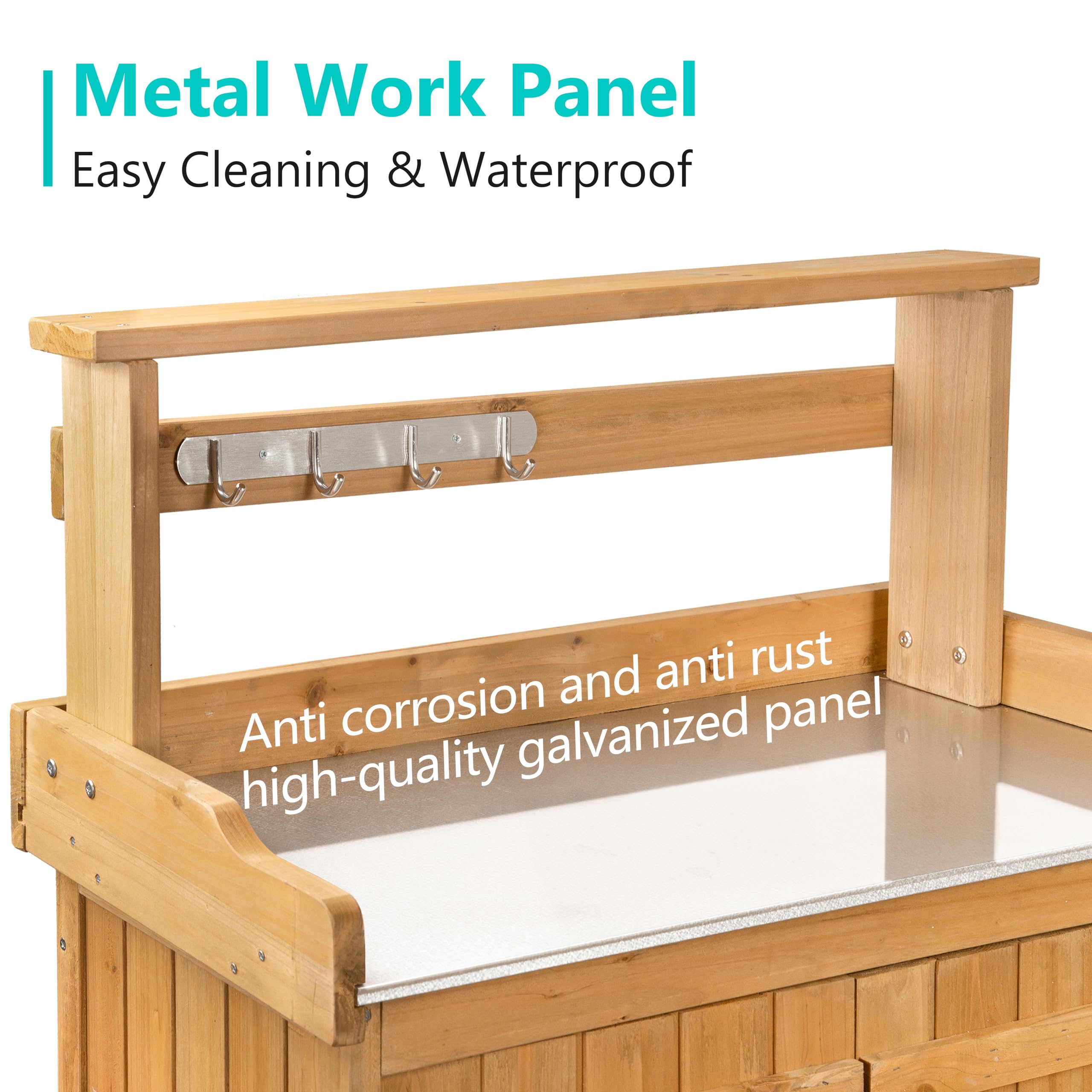 Outdoor Potting Bench with Storage - Weatherproof Garden Work Table with Metal Top & Wheels - Perfect for Planting, Gardening & Outdoor Organizing
