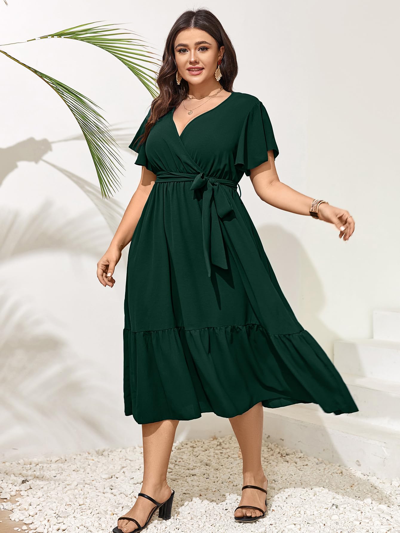 Elegant SCOMCHIC Plus Size Wedding Guest Dress - Summer Wrap V-Neck Short Sleeve with Belt & Ruffle Hem | Flowy A-Line Maxi Dress for Bridal Showers, Garden Parties & Formal Events