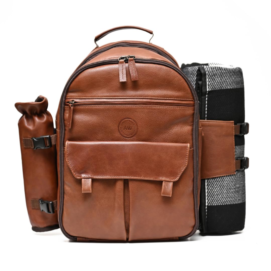 Premium Genuine Leather Picnic Backpack for 4 People - Insulated Cooler Compartment, Soft Blanket, 4 Dinner Plates & Cutlery Set - Luxury Outdoor Picnic Accessories for Couples, Family & Friends (Brown) - Perfect for Beach, Park, Camping & Romantic Dates