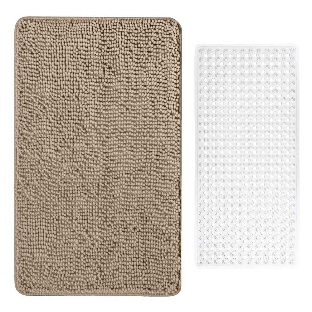 Gorilla Grip Chenille Bath Rug & Non-Slip Tub Mat Set - 30x20 Inch Plush Bath Rug (Beige) + 35x16 Inch Clear Bathtub Mat - Machine Washable - Perfect for Bathroom Safety & Comfort