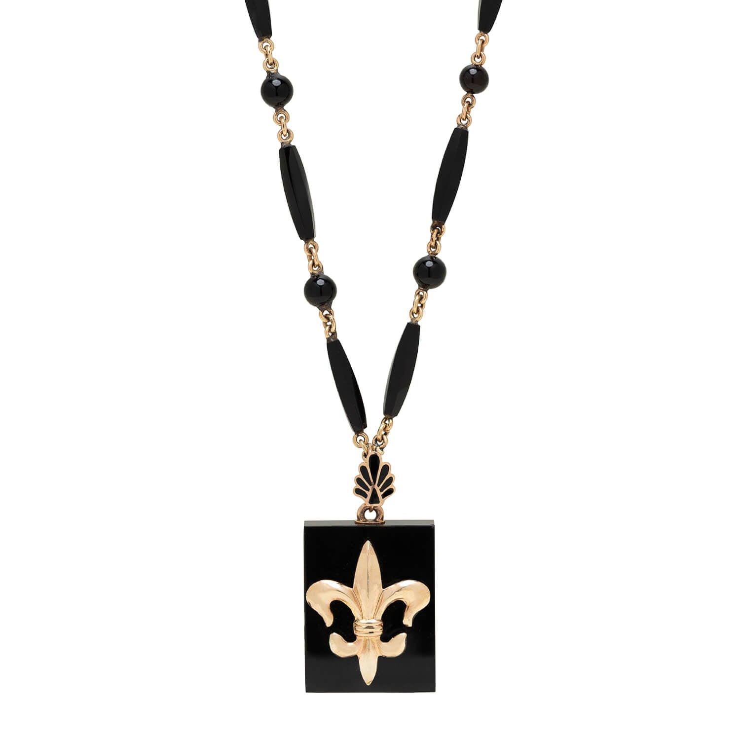Victorian Style 10k Gold Onyx Fleur De Lis Locket Necklace for Women - Elegant Antique Jewelry Gift for Anniversary, Valentine's Day & Special Occasions