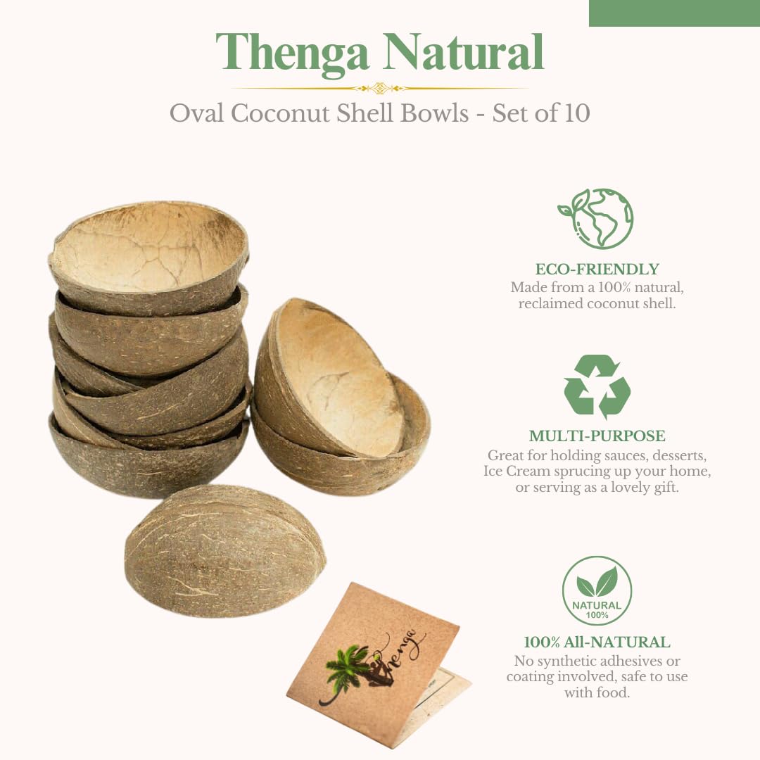 Organic Coconut Shell Bowls Set of 10 - 150ml Natural Oval Serving Dishes for Ice Cream, Snacks, Fruits, Salads | Eco-Friendly Partyware & Catering Supplies for Weddings, Picnics, Home Decor