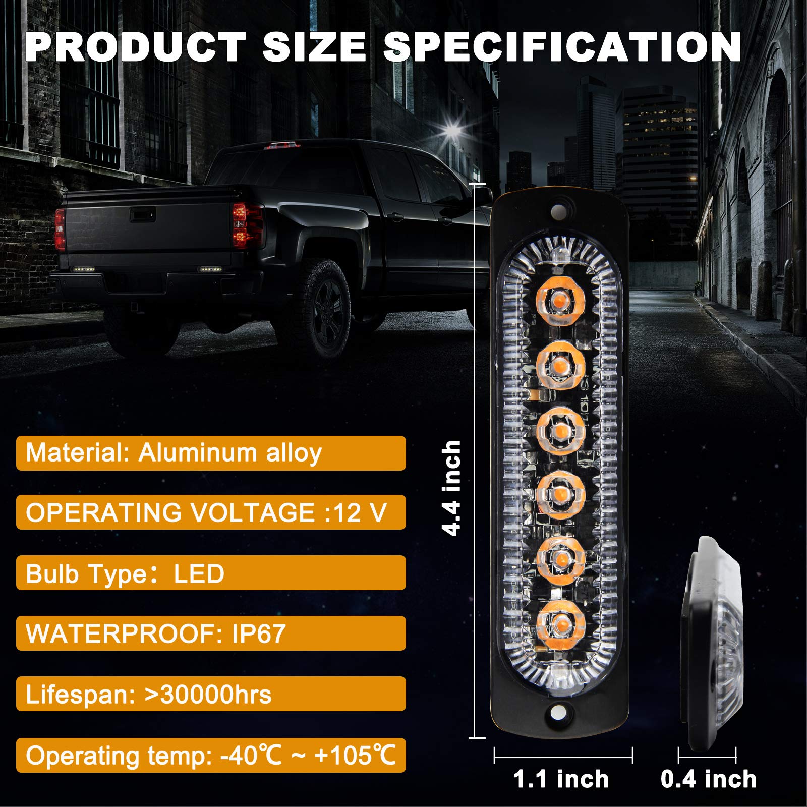 12-24V LED Amber Strobe Light Bar - 6 LED Surface Mount Flashing Emergency Warning Lights for Trucks, Cars & Vehicles (2 Pack) - Ideal for Roadside Safety, Construction Zones & Emergency Signaling
