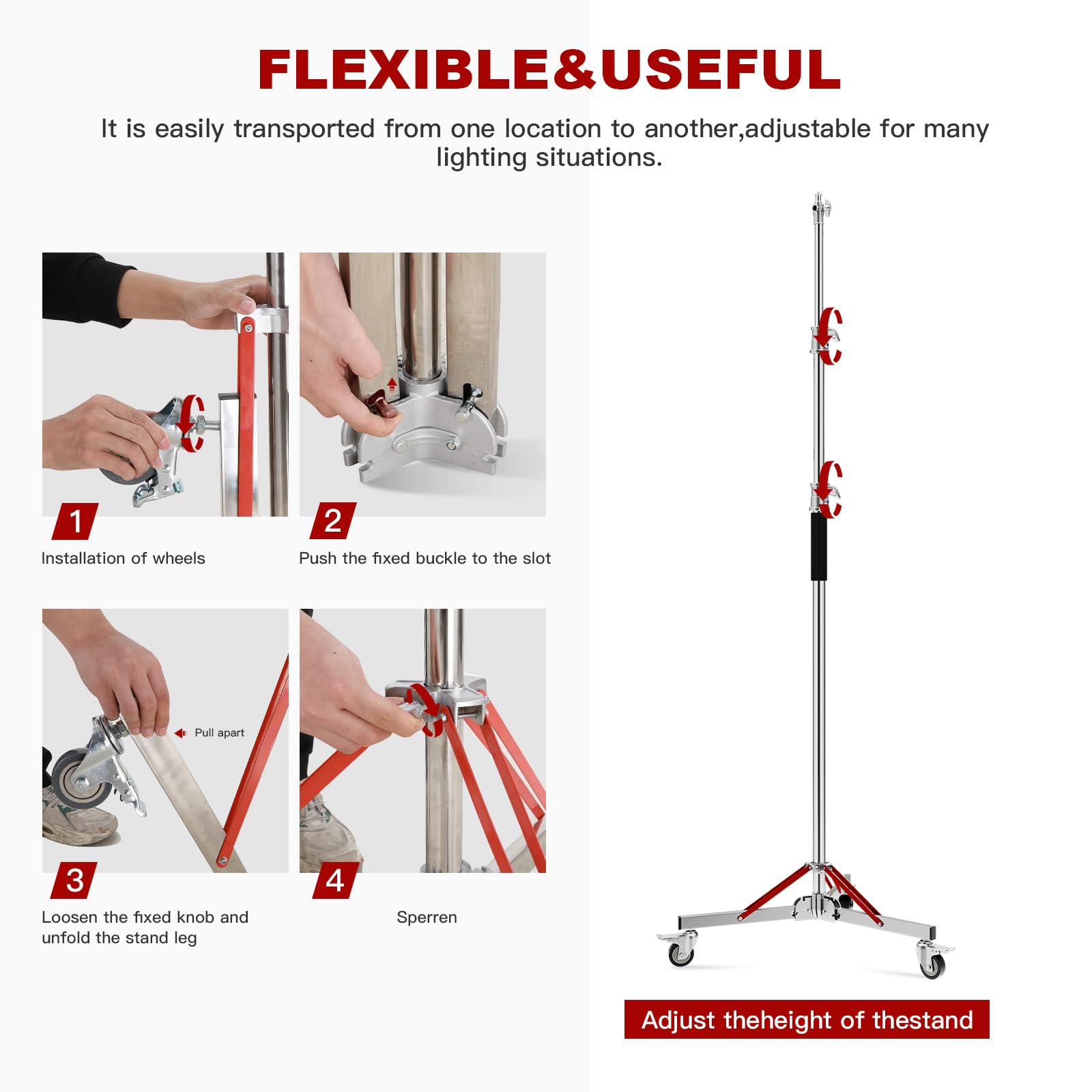 Professional Heavy Duty Light Stand with Wheels - 100% Stainless Steel Adjustable 130cm(4.3ft) to 305cm(10ft) Photography Stand Supports 30kg/66lb - Perfect for Studio Softbox, Monolight, Video Lighting (Silver) - Ideal for Photography Studios, Video Production, and Live Streaming Setups