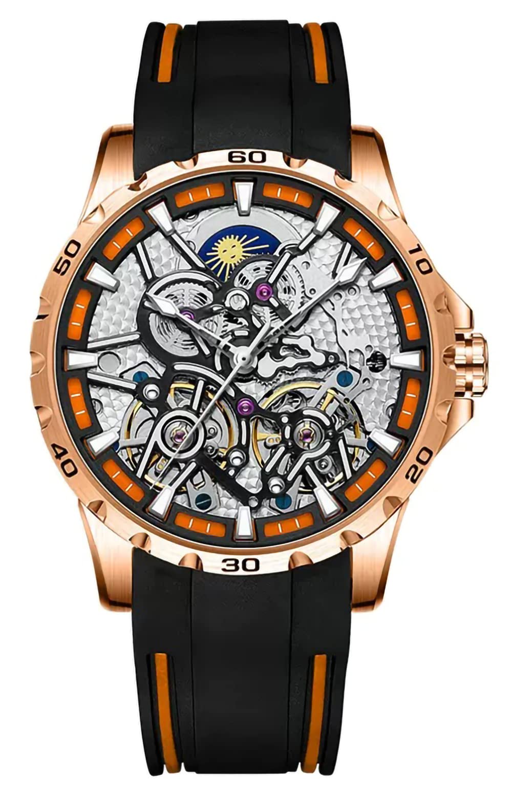 B BINGER Men's Automatic Skeleton Watch with Dual Balance Wheels - Gold Orange Mechanical Timepiece for Business, Casual & Formal Wear