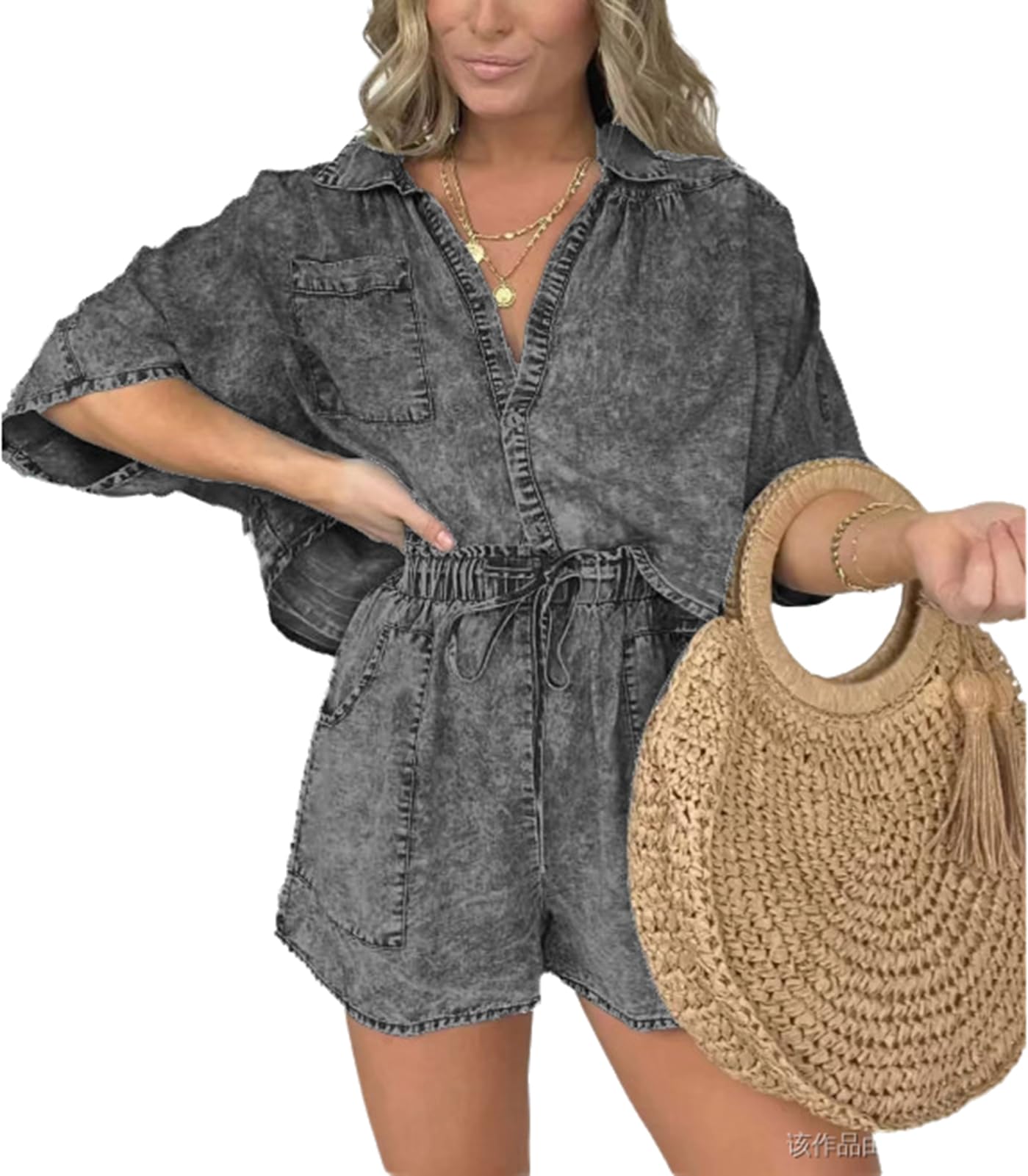 NIFTRIRY Women's Cozy Casual Two Piece Outfits - Oversized Top & Drawstring Denim Shorts Set | Summer Streetwear, Beach Vacation, Weekend Outfit
