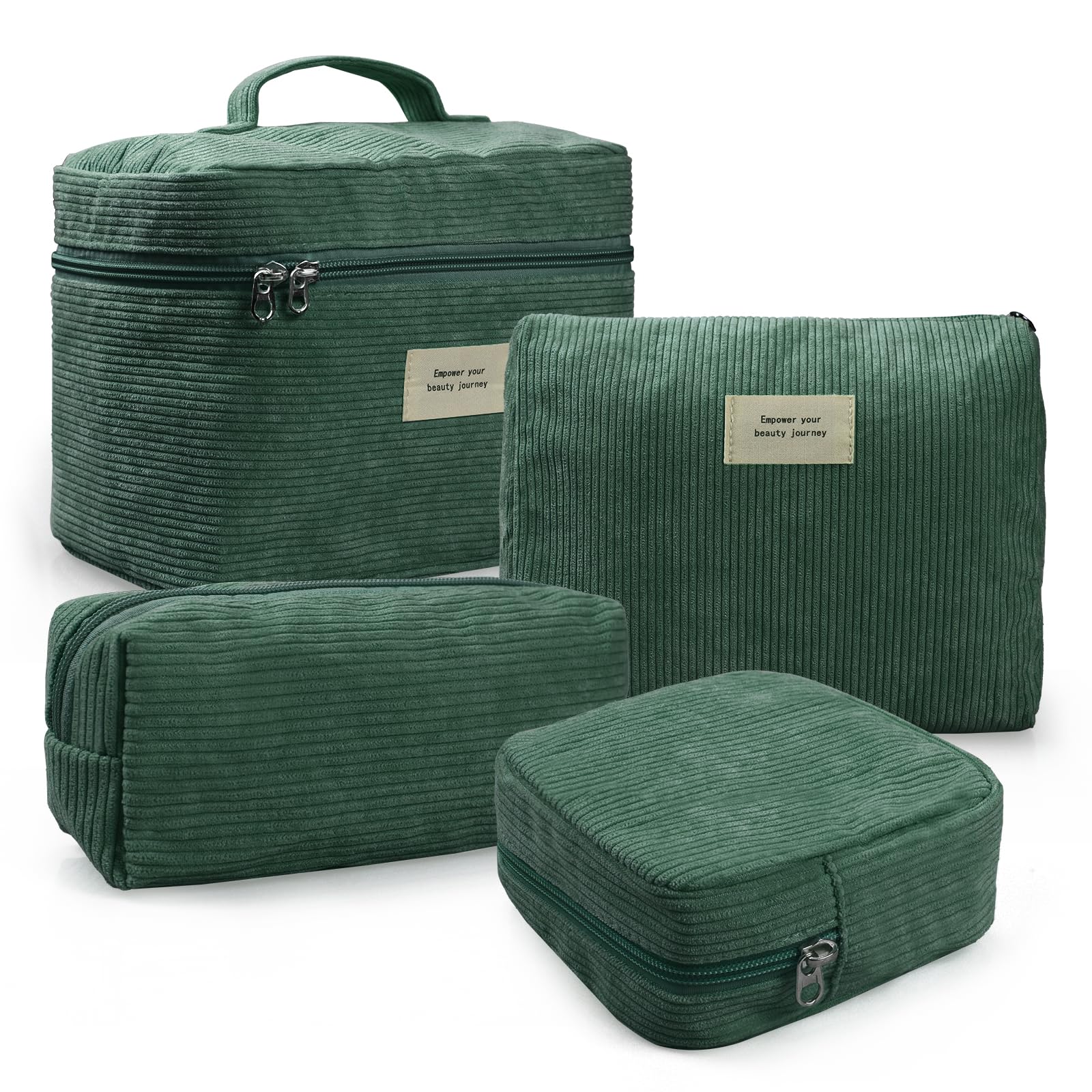 4 Pcs Corduroy Makeup Bags for Women - Aesthetic Cute Cosmetic Bags Set with Zipper, Multi-Size Travel Toiletry Organizer Pouch (Green) | Perfect for Travel, Gym, Daily Use & Gift Giving