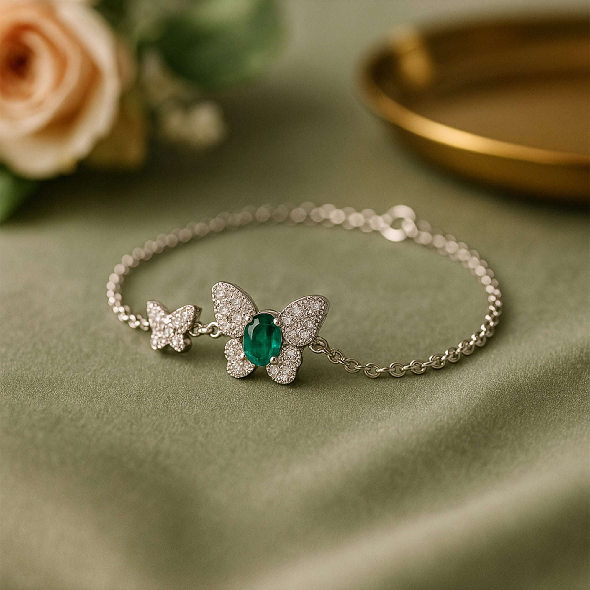 AG Collective Jewelry – Emerald Green Flutter Bracelet for Women | Dainty Adjustable Chain Bracelet | Perfect for Everyday Wear, Gift Giving & Special Occasions