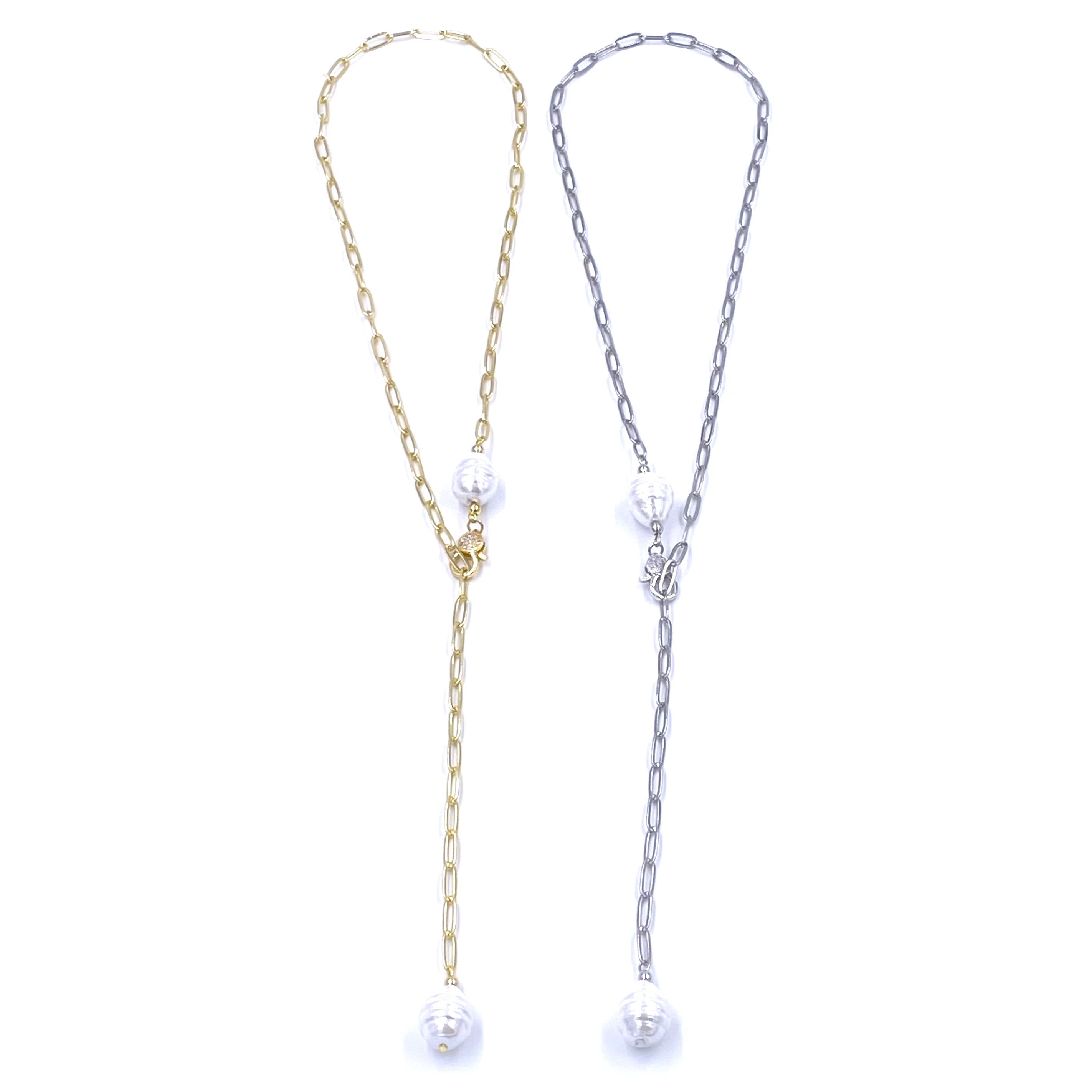 Elegant Ashley Gold Stainless Steel Pearl Link Lariat Necklace for Women | Trendy Layered Jewelry Gift for Her | Perfect for Weddings, Parties & Date Nights