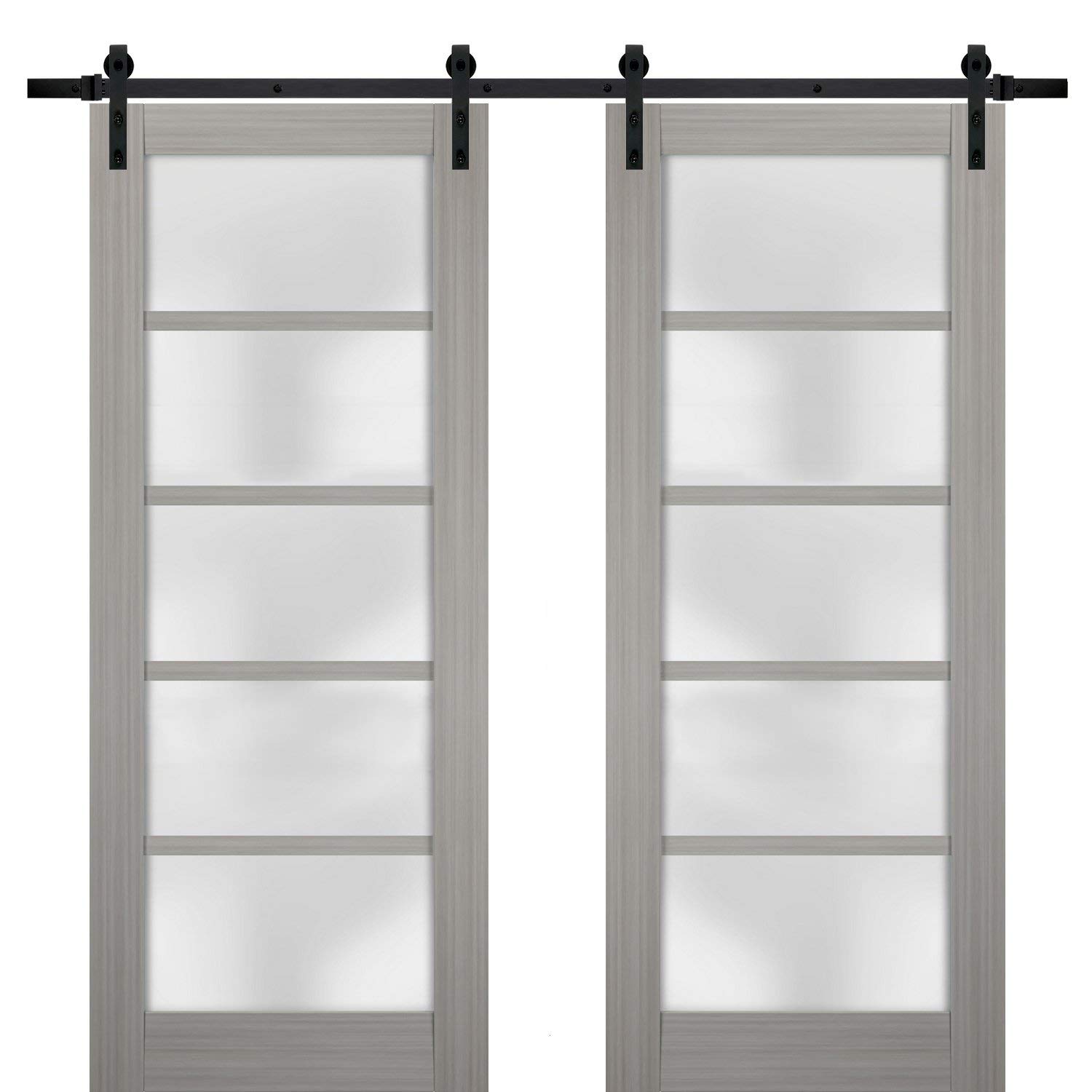 72 x 84 Inch Frosted Glass Double Barn Door with Quadro 4002 Grey Ash Finish - Heavy Duty Top Mount 13FT Rail Hangers for Solid Panel Interior Doors | Perfect for Farmhouse, Rustic & Modern Home Decor | Ideal for Bedrooms, Closets & Room Dividers