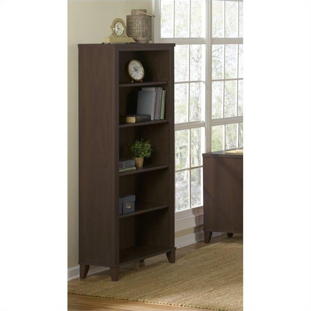 BOWERY HILL 5-Shelf Bookcase in Mocha Cherry - Solid Wood Bookshelf for Living Room, Bedroom, Office & Study - Perfect for Organizing Books, Decor & Storage