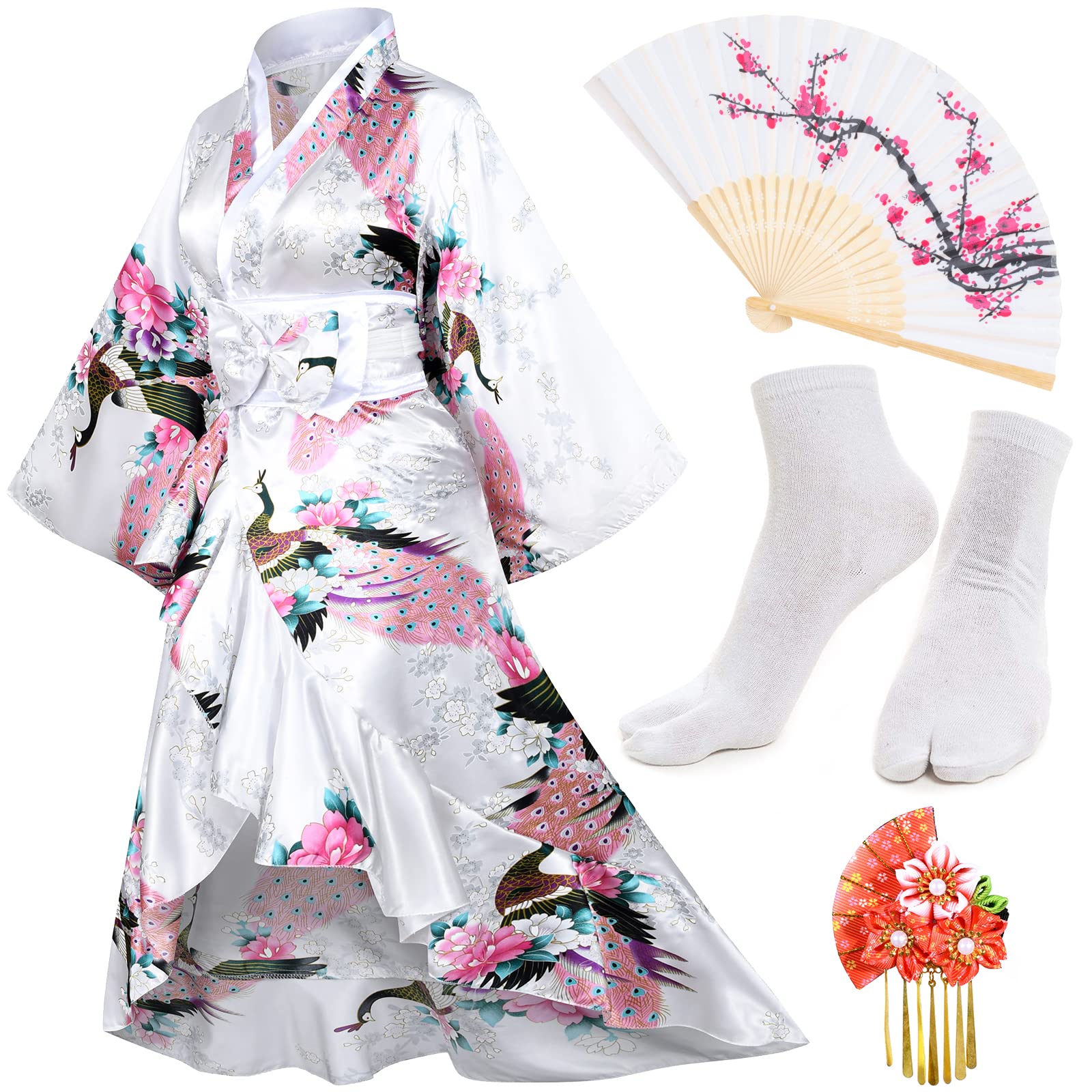 Elegant Women's Kimono Robe - Japanese Geisha Yukata with Sweet Tuxedo Ruffle & Blossom Satin - Luxurious Bathrobe & Sleepwear Set with Tabi Socks - Perfect for Spa, Loungewear, Cosplay & Special Occasions
