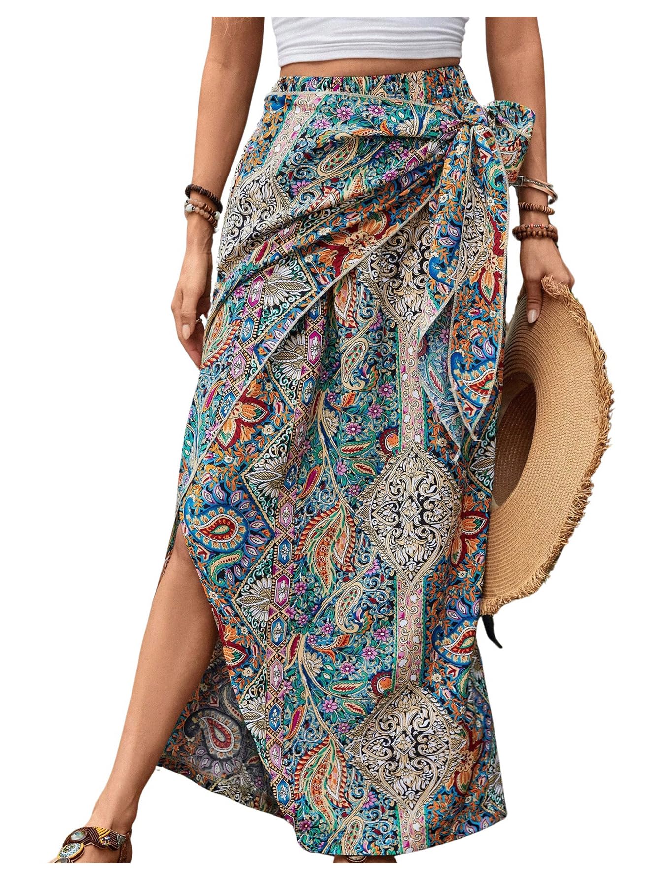 Boho Paisley Print High Waisted Wrap Skirt for Women - Flowy Summer Maxi Long Skirt with Side Slit | Perfect for Beach Vacations, Music Festivals & Boho Chic Outfits