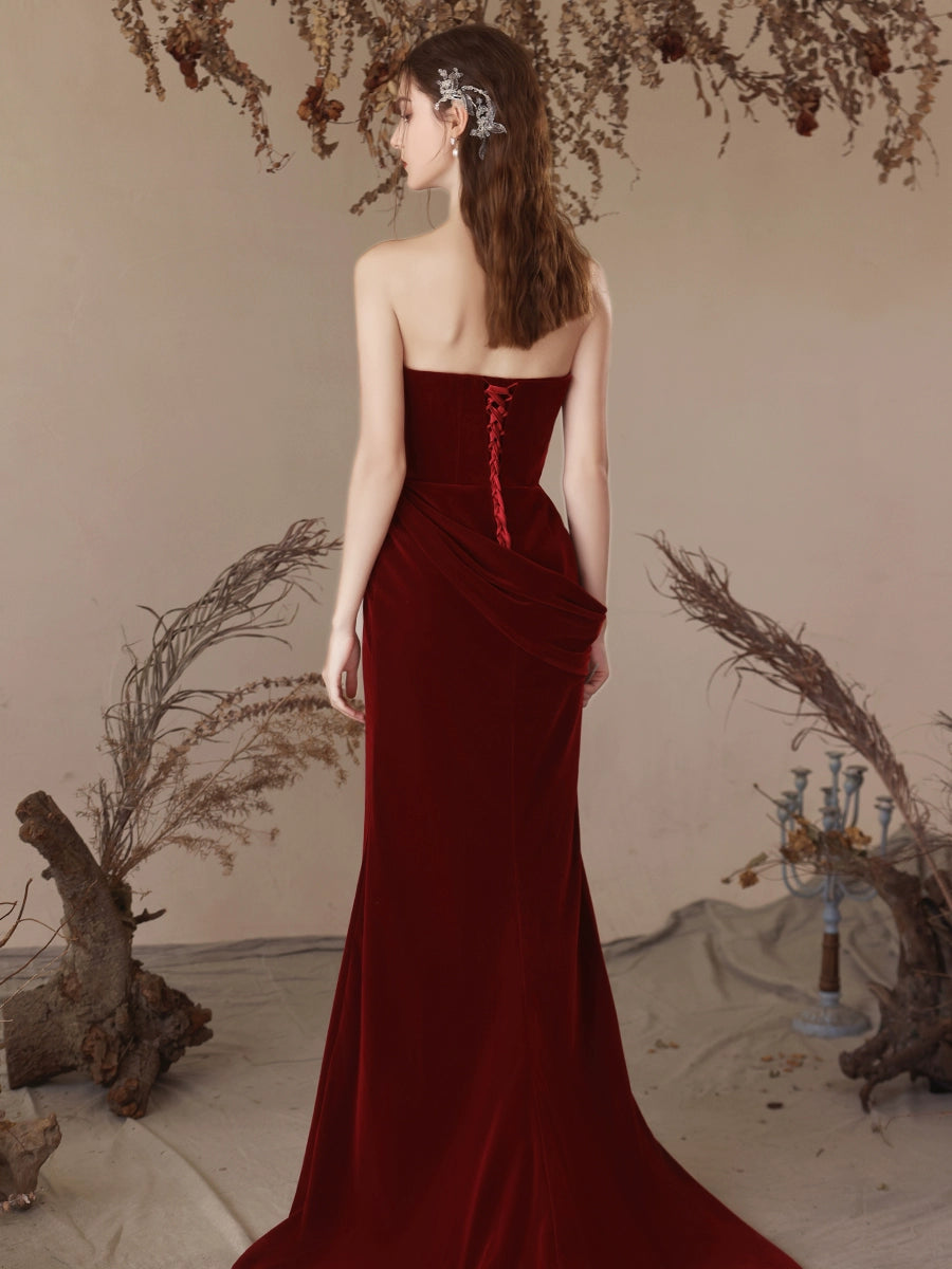 Elegant Mermaid Velvet Burgundy Long Prom Dress for Women - Formal Evening Gown for Homecoming, Ball, Wedding & Special Occasions