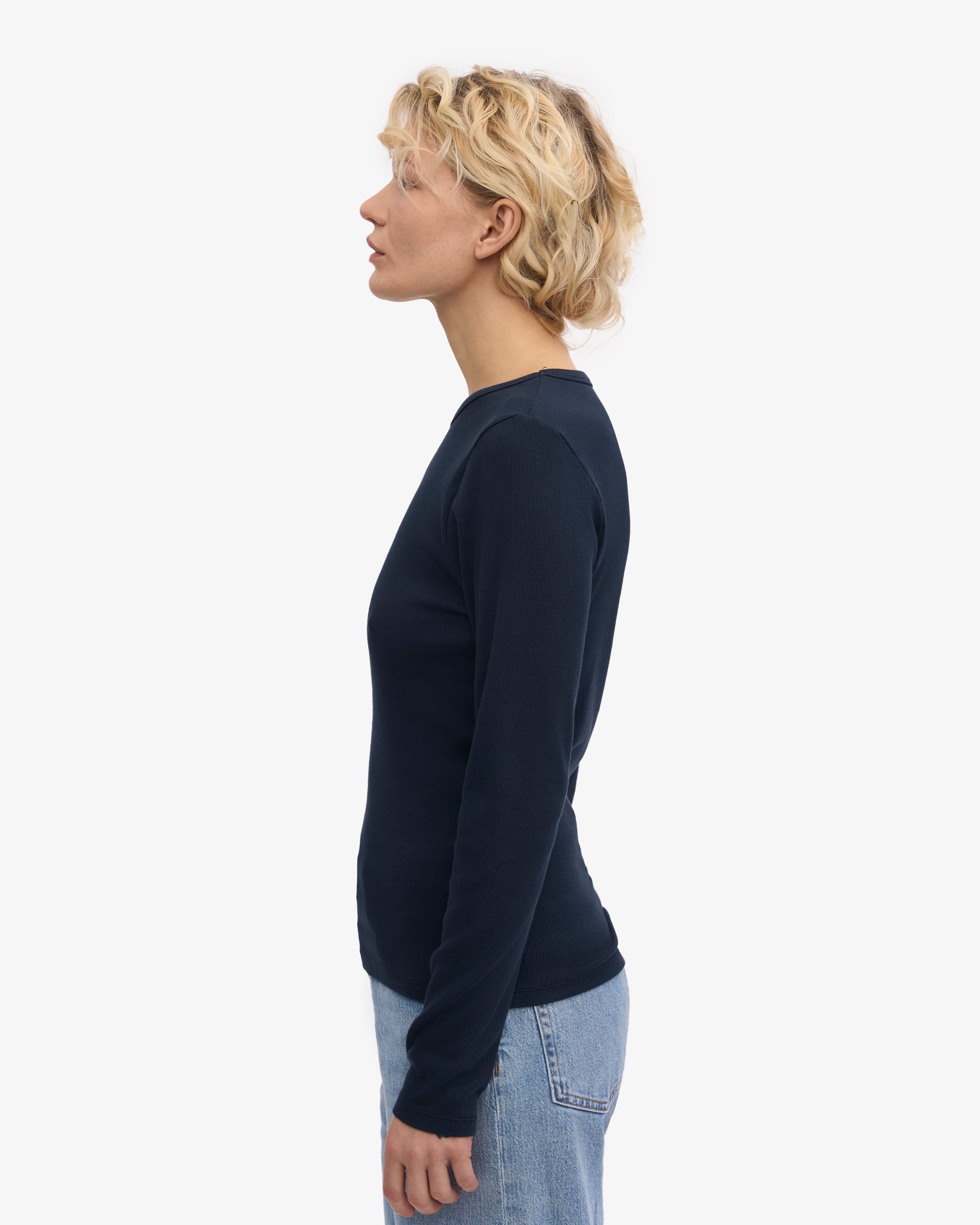 Organic Women's Long Sleeve Ribbed T-Shirt - Navy Blue - Comfortable Casual Wear for Everyday Outfits & Layering