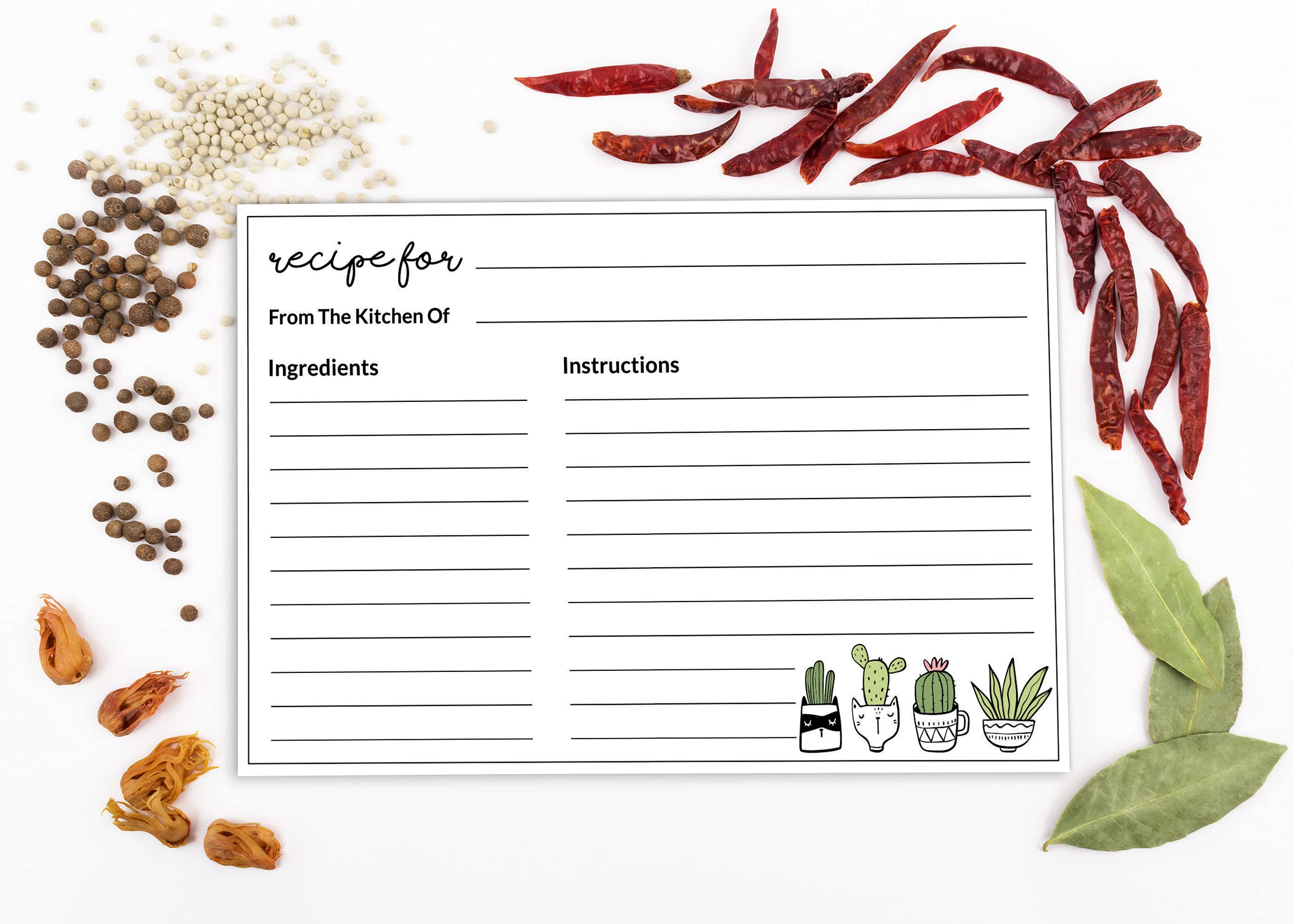 6x4 Inch Single-Sided White Cactus Recipe Cards - Pack of 50 for Wedding, Bridal Shower & Baby Shower - Perfect for DIY Recipe Books, Kitchen Organization & Party Favors