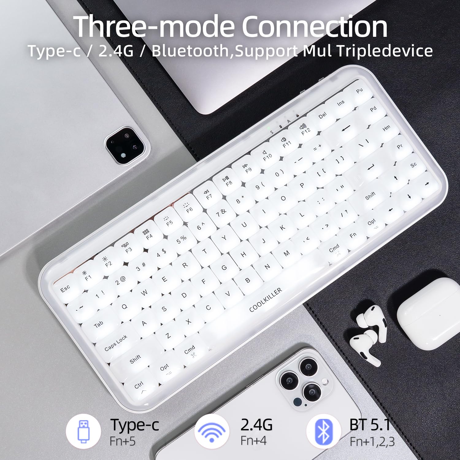 CoolKiller Balloon 84 Low Profile Mechanical Keyboard - Wireless Custom RGB Backlit Hot-Swappable Gaming Keyboard with BT5.1/2.4G/USC-C for Windows/Mac (White, Linear Switches) | Perfect for Office Work, Gaming & Programming