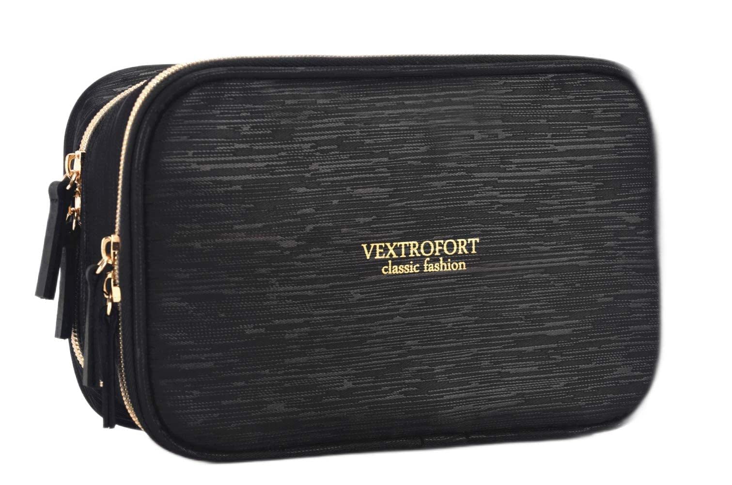 VEXTROFORT Small Waterproof Makeup Bag for Women - Travel Cosmetic Organizer with Detachable Handle (Black) - Perfect for Purse & On-the-Go Touchups