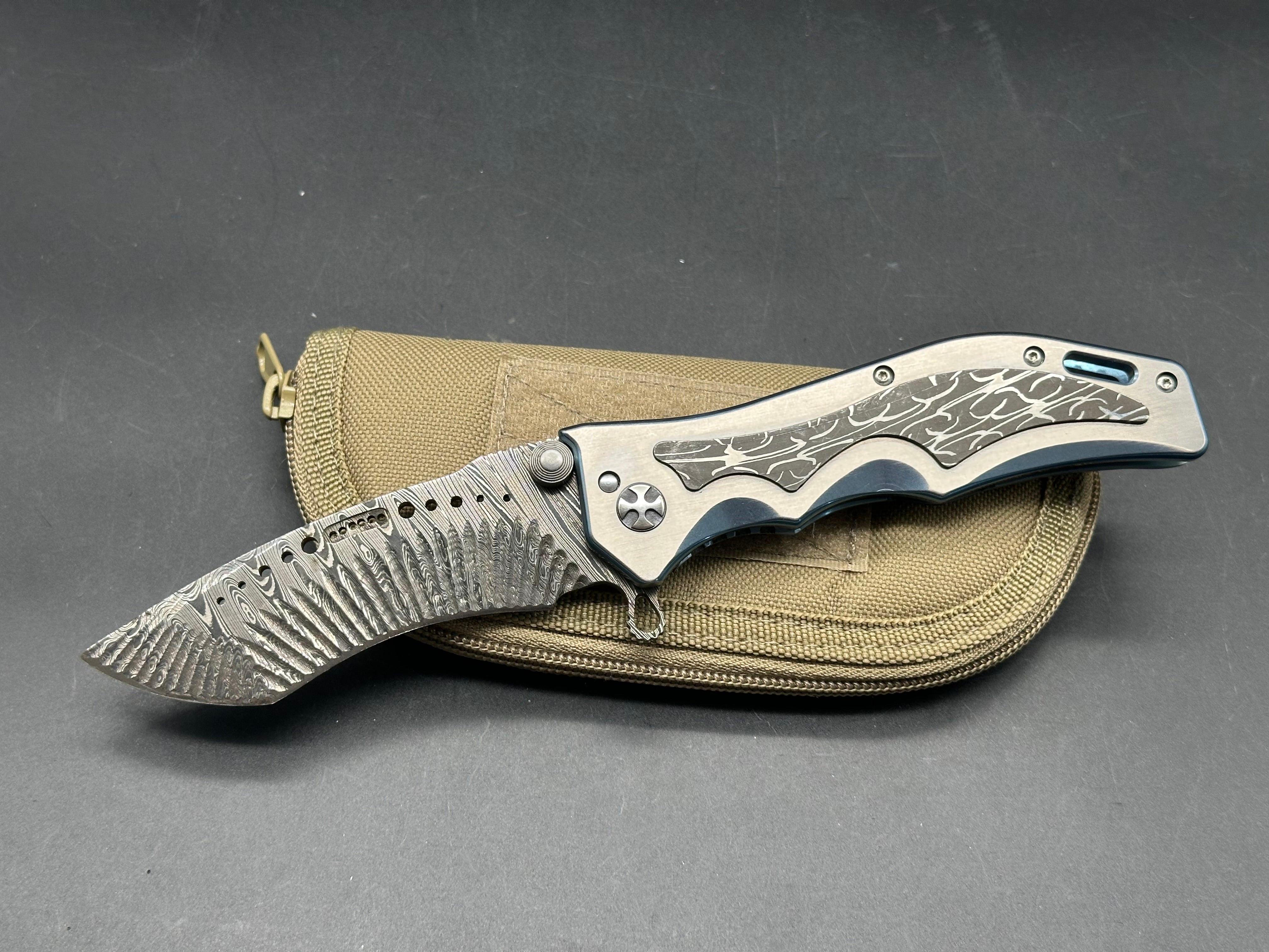 Darrel Ralph Custom Gunhammer Knife - Handcrafted Milled Damascus Steel Blade with Anodized Titanium Handle & Damascus Inlay | Tactical EDC, Outdoor Survival, Hunting, and Collector's Knife