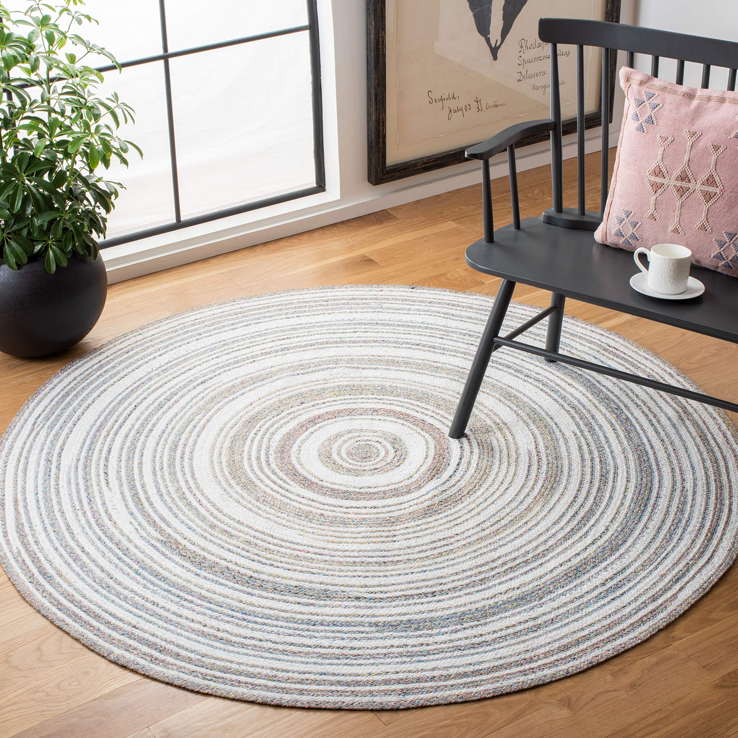 SAFAVIEH Cape Cod Collection 7-Foot Round Ivory & Pink Handmade Braided Area Rug - Perfect for Living Room, Bedroom, or Nursery Decor