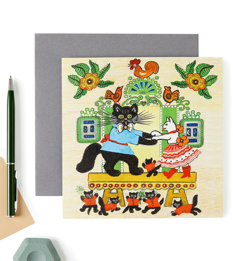 Handmade Dancing Cats Greeting Card - Unique Kapelki Art Design for Birthdays, Anniversaries & Special Occasions