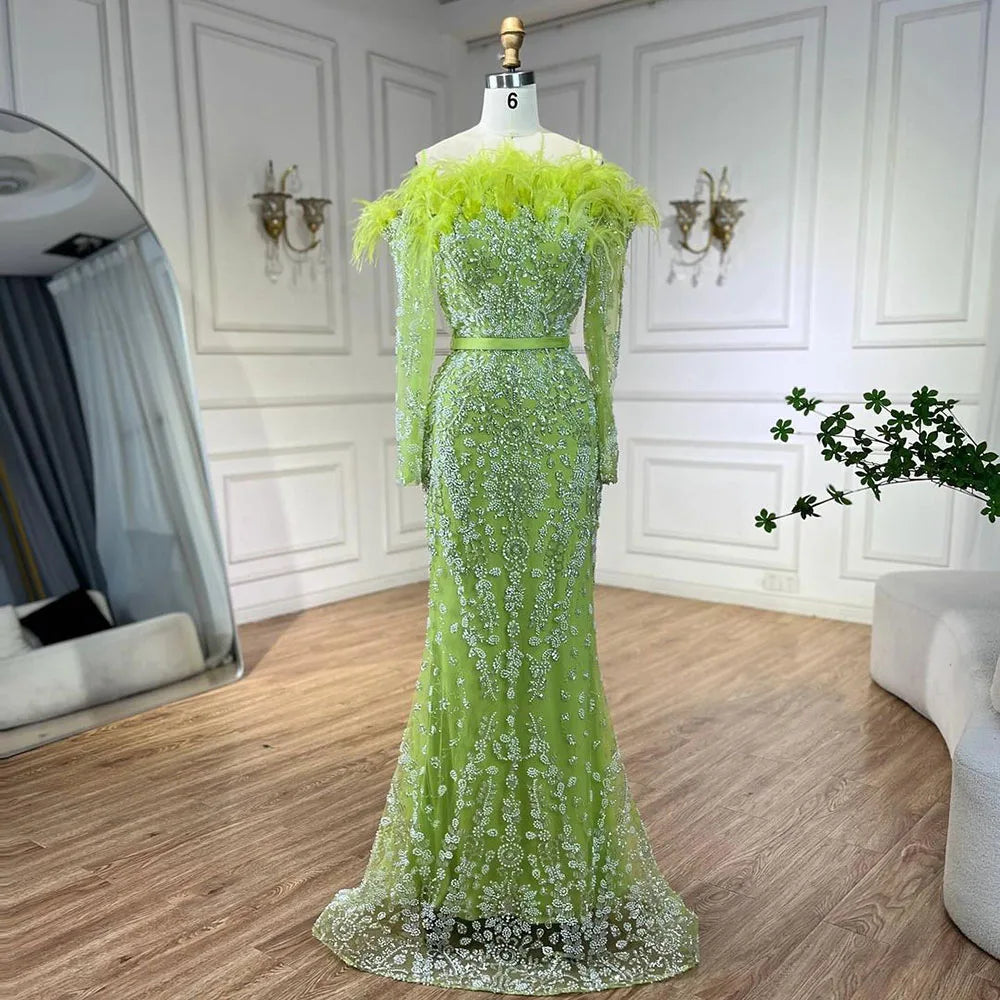 Luxury Dubai Green Boat Neck Mermaid Evening Dress with Elegant Feathers & Beading for Women - Perfect for Weddings, Parties & Special Occasions