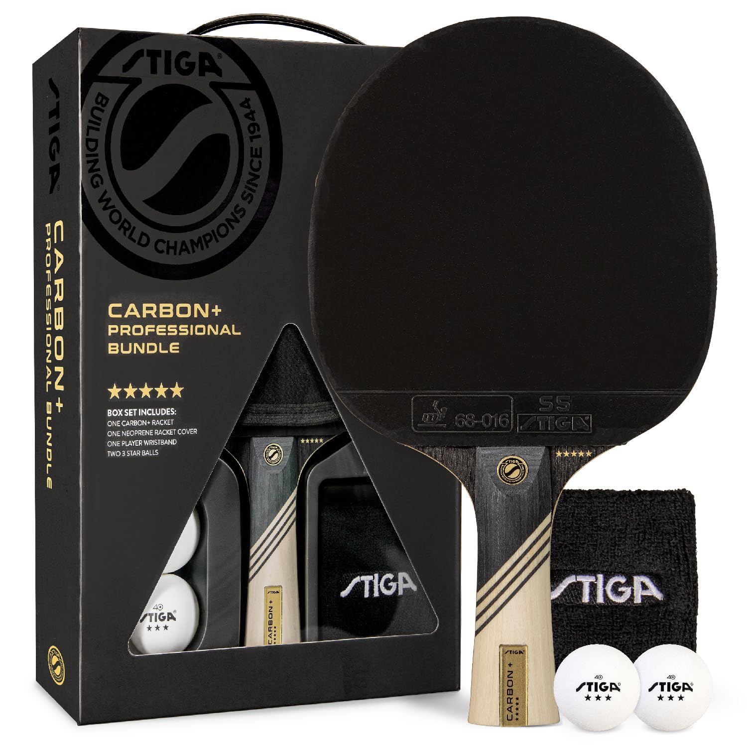 STIGA Carbon+ Premium Ping Pong Paddle Set with 7-Ply Carbon Fiber Blade | 2mm High-Quality Sponge | Pro Concave Handle | Includes 3 Tournament Balls, Neoprene Cover & Wristband | Perfect for Competitive Play & Training Sessions