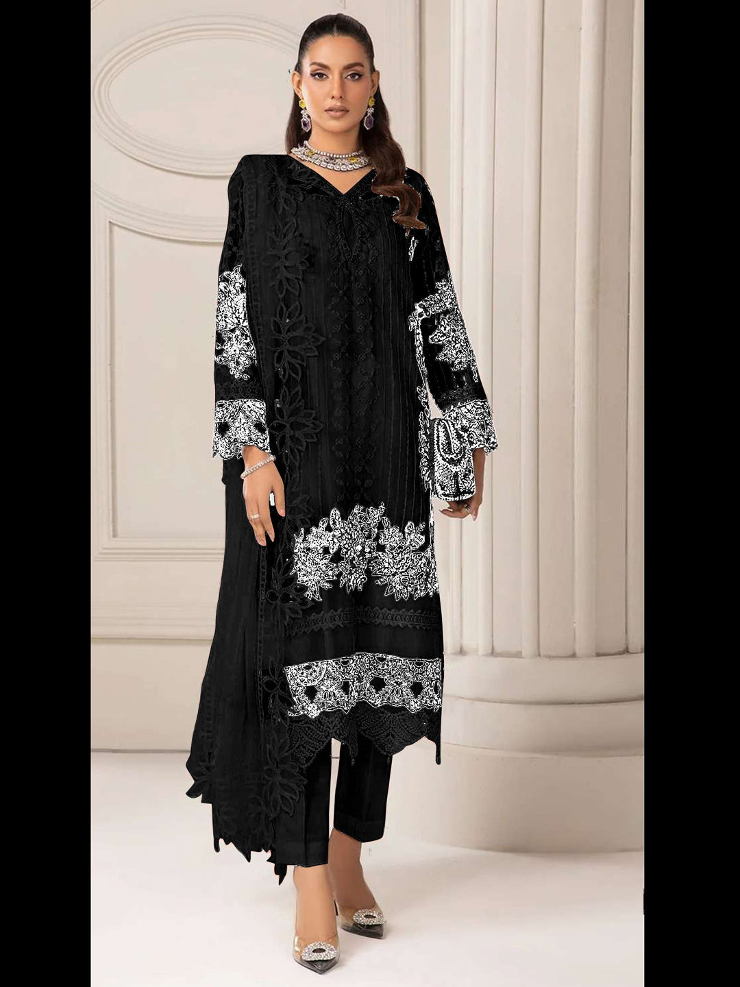 Elegant Black Georgette Designer Semi-Stitched Pant Suit with Embroidered Details - Perfect for Weddings, Parties & Special Occasions