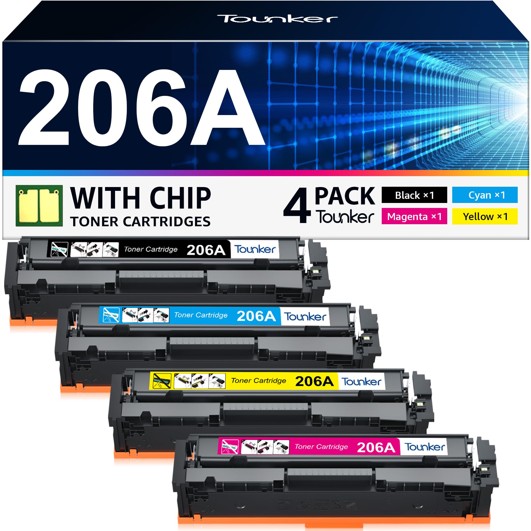 Tounker 4-Pack Compatible Toner Cartridge Replacement for HP 206A 206X (Black, Cyan, Magenta, Yellow) - Works with HP Color LaserJet Pro MFP M283fdw, M283cdw, M255dw, M283, M255 Printers - Chipped BCMY Toner for Home & Office Printing Needs