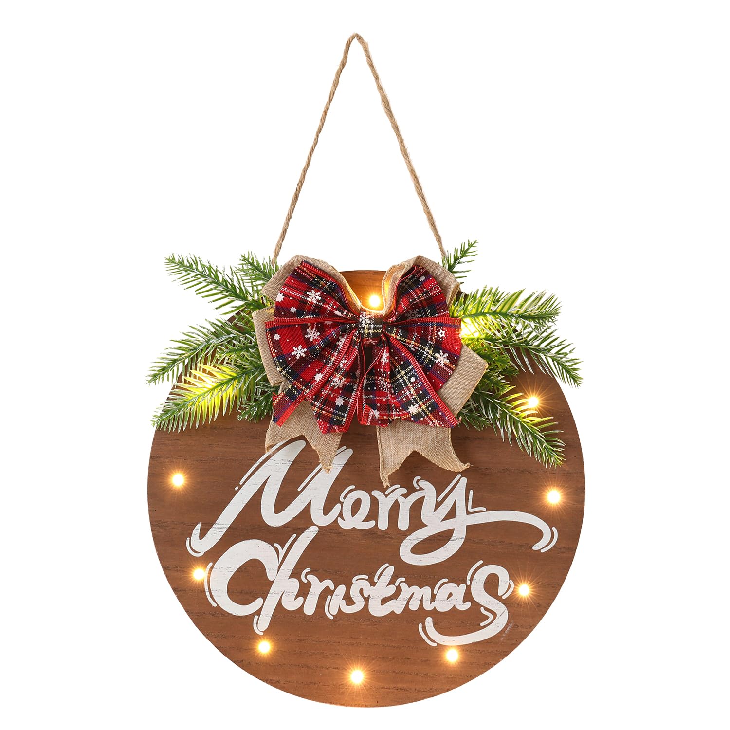 Merry Christmas Wooden Hanging Sign with 12 LED Lights - Indoor/Outdoor Holiday Door Decor for Home, Office & Party - Perfect for Front Door, Porch & Wall Decoration