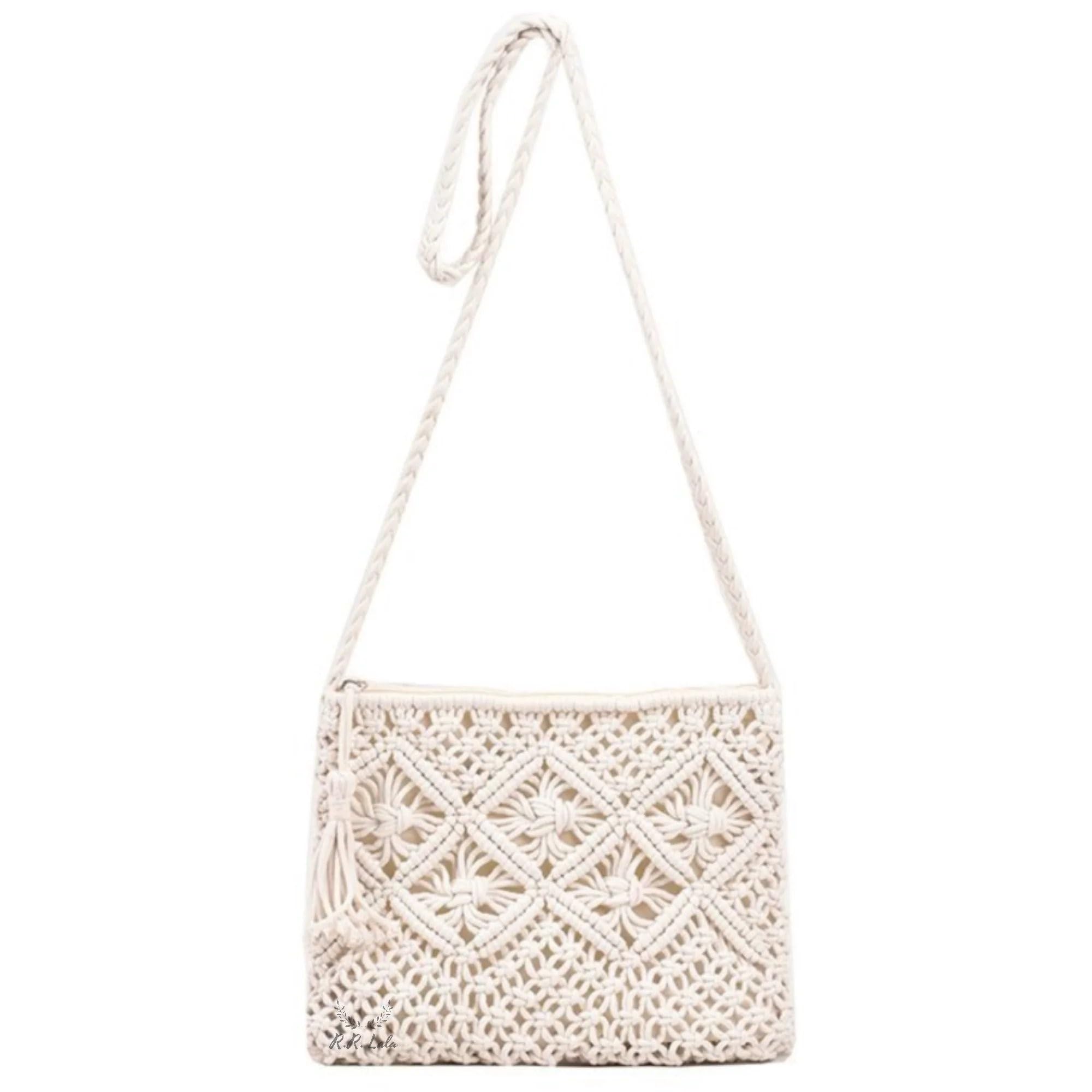 R.R.LALA Women's Macrame Shoulder Bag - Handmade Knit Weaving Beach Bag, Simple Hollow Design, White & Off White, 25cm x 20cm - Perfect for Summer Outings, Beach Vacations & Boho Fashion Accessories
