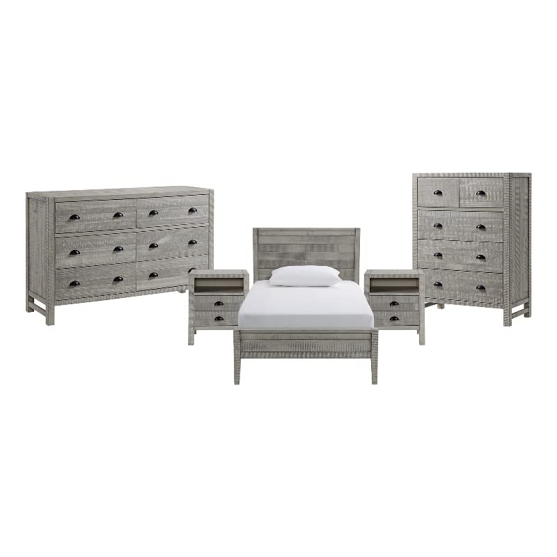 Alaterre Furniture Windsor 5-Piece Bedroom Set with Panel Twin Bed, 2 Nightstands, Chest & Dresser in Driftwood Gray - Perfect for Kids' Rooms, Guest Bedrooms & Small Spaces