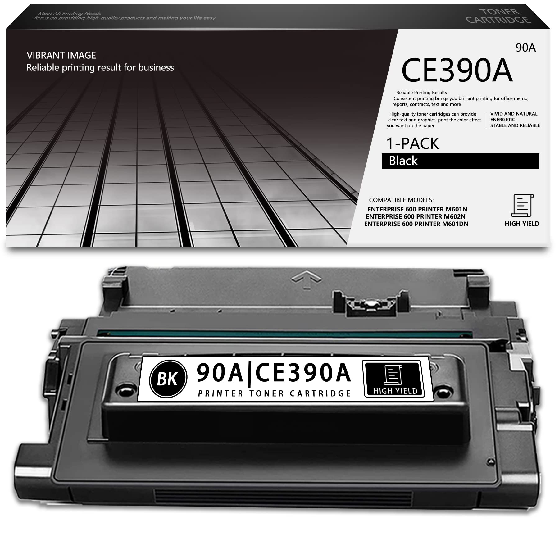 High Yield Toner Cartridge CE390A 90A - Compatible Replacement for HP Enterprise 600 M601dn M602n M602dn M602x M603n M603xh M4555h M4555f M4555fskm M4555 MFP Printers - Black (1 Pack) - Ideal for Office Printing, High Volume Documents & Business Use