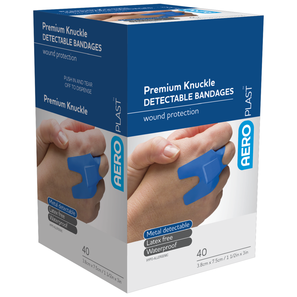 Premium Detectable Bandages for Knuckle Wounds - Box of 40 | First Aid for Food Service & Industrial Safety | Waterproof & Latex-Free Wound Care