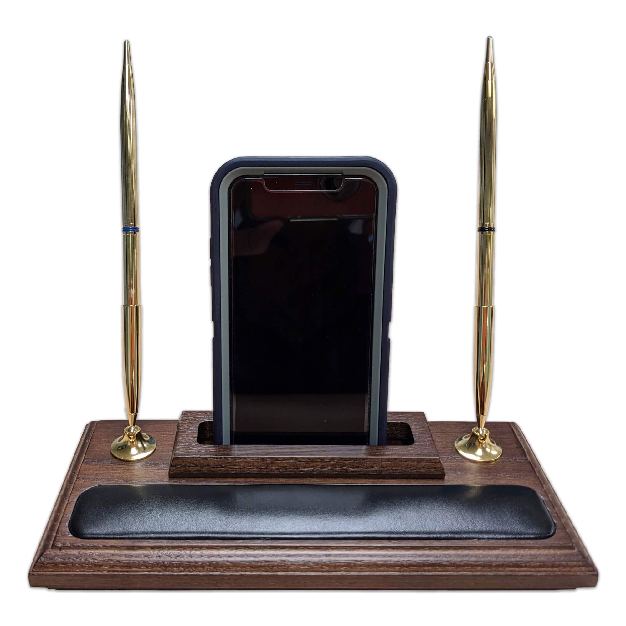 Premium Walnut & Leather Pen Holder with Phone Stand - Stylish Desk Organizer for Office, Home, or Gift