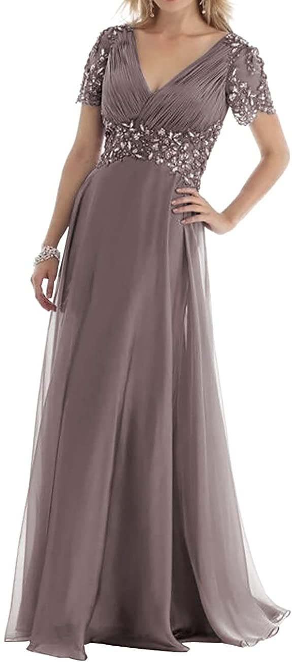 Elegant Mother of The Bride Dresses - V-Neck Beaded Long Evening Gowns with Pleated Short Sleeves for Weddings, Parties & Special Occasions