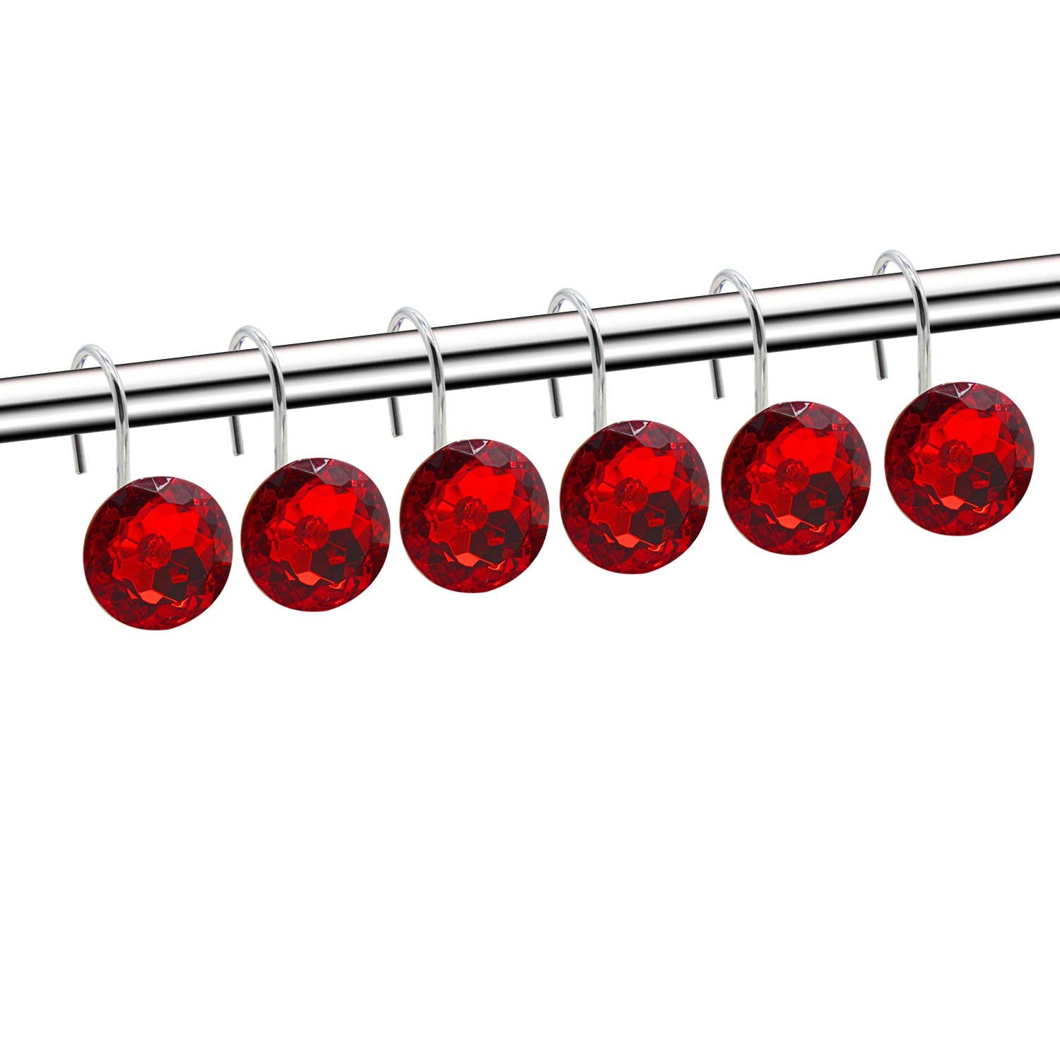 Elegant Acrylic Shower Curtain Hooks with Rhinestones - Pack of 12, Red - Perfect for Bathroom Decor & Spa-Like Shower Experience