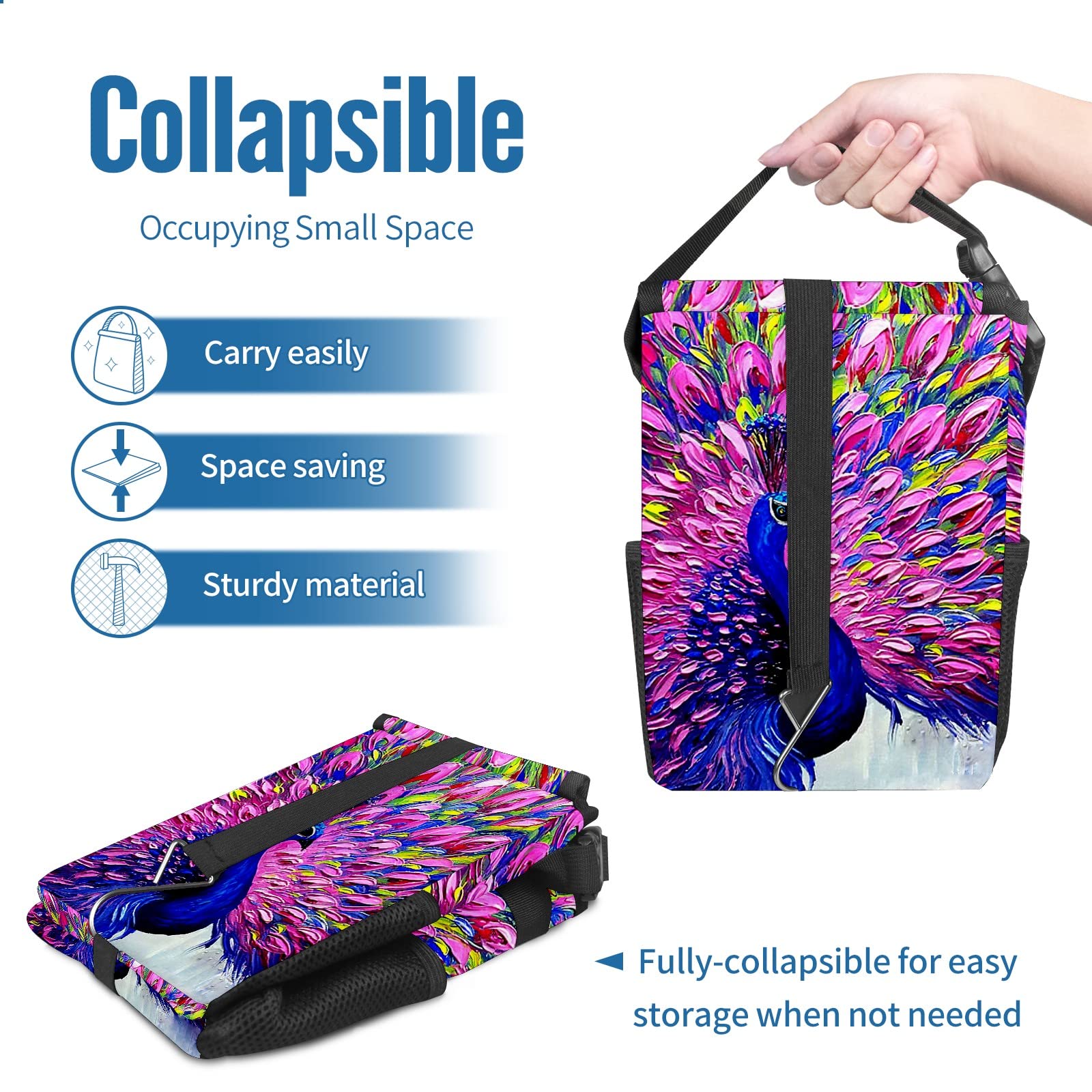 Collapsible Reusable Waterproof Car Trash Can with Lid - Peacock Design Auto Garbage Bin for Car, Truck & SUV Interior Organization | Perfect for Road Trips, Commuting & Family Travel